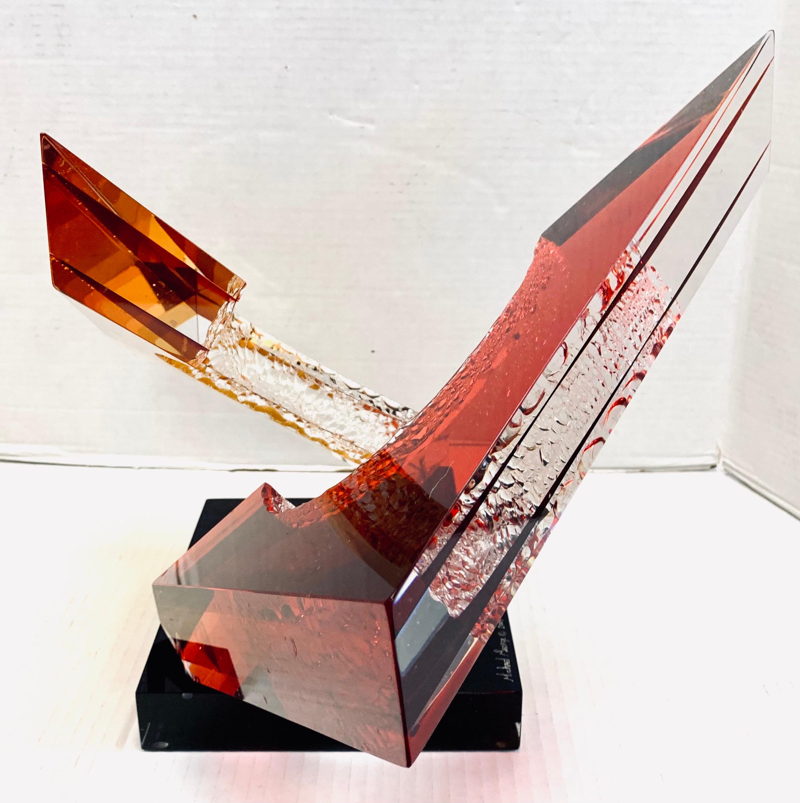 Mid-Century Modern Signed Abstract Red Lucite Acrylic Sculpture The Intersection
