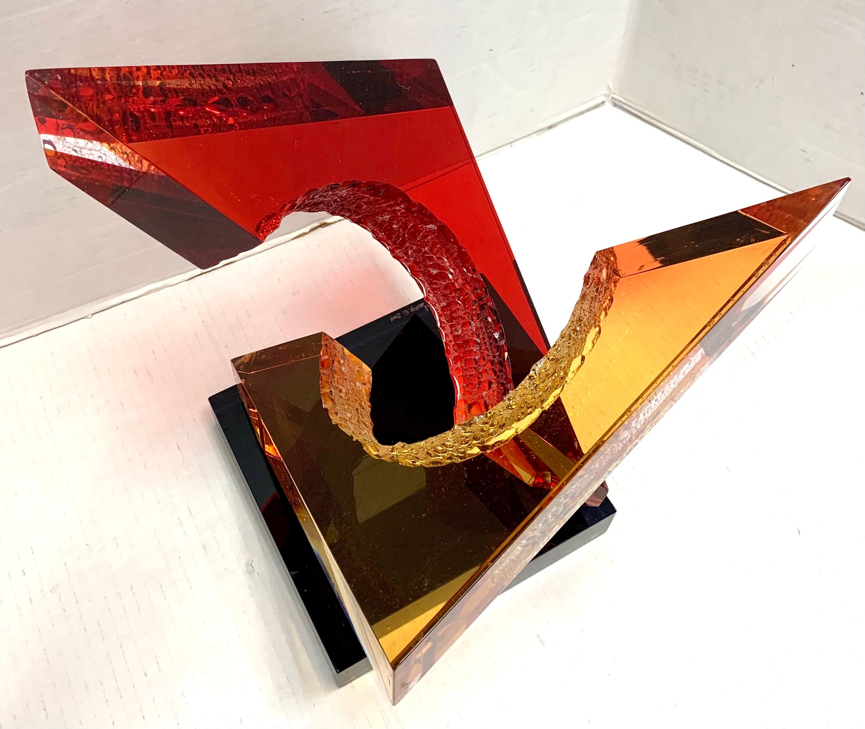 American Signed Abstract Red Lucite Acrylic Sculpture The Intersection