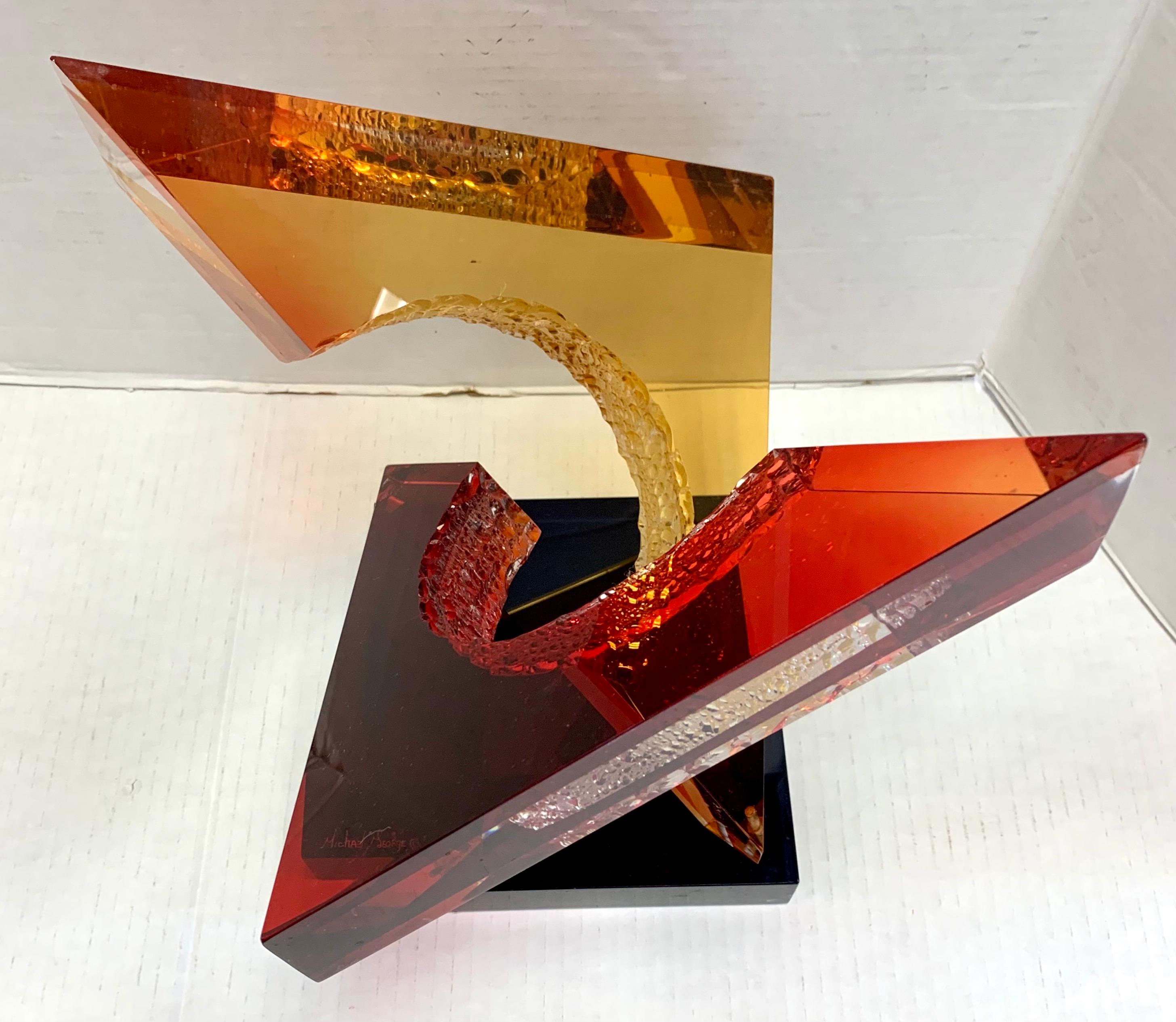 Contemporary Signed Abstract Red Lucite Acrylic Sculpture The Intersection