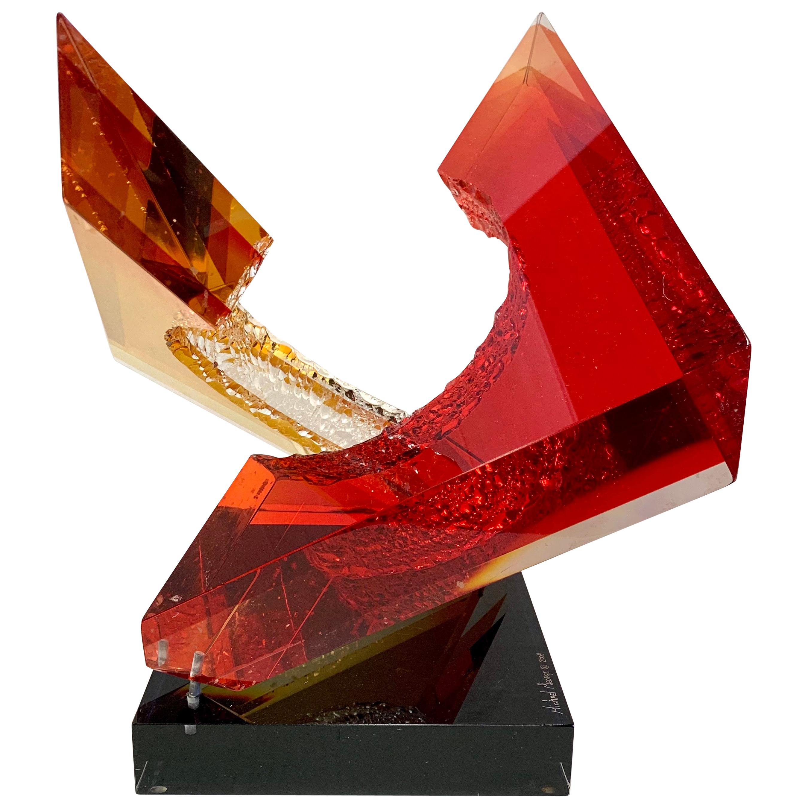 Signed Abstract Red Lucite Acrylic Sculpture The Intersection
