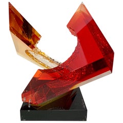 Signed Abstract Red Lucite Acrylic Sculpture The Intersection