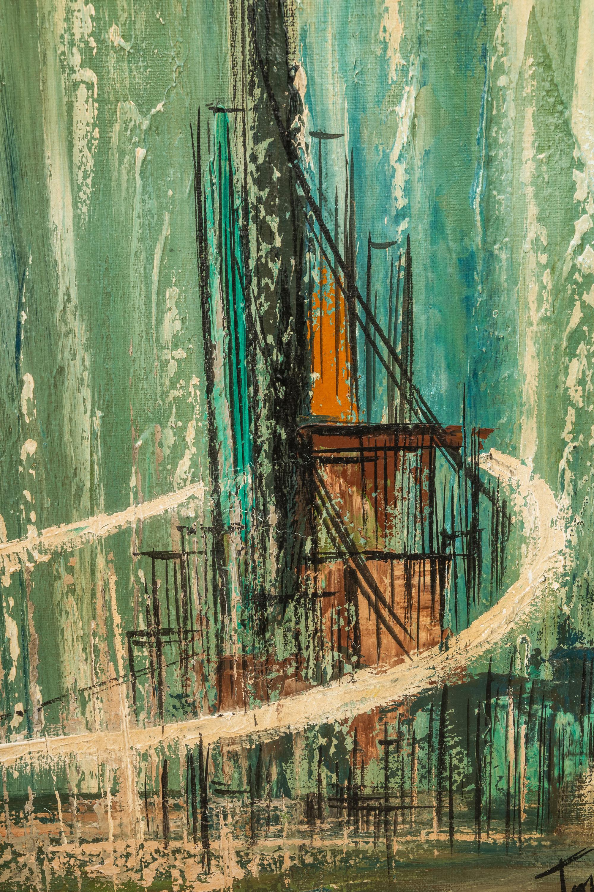 Pittura su tela firmata con paesaggio urbano astratto surreale (incorniciata), USA, anni '50 5