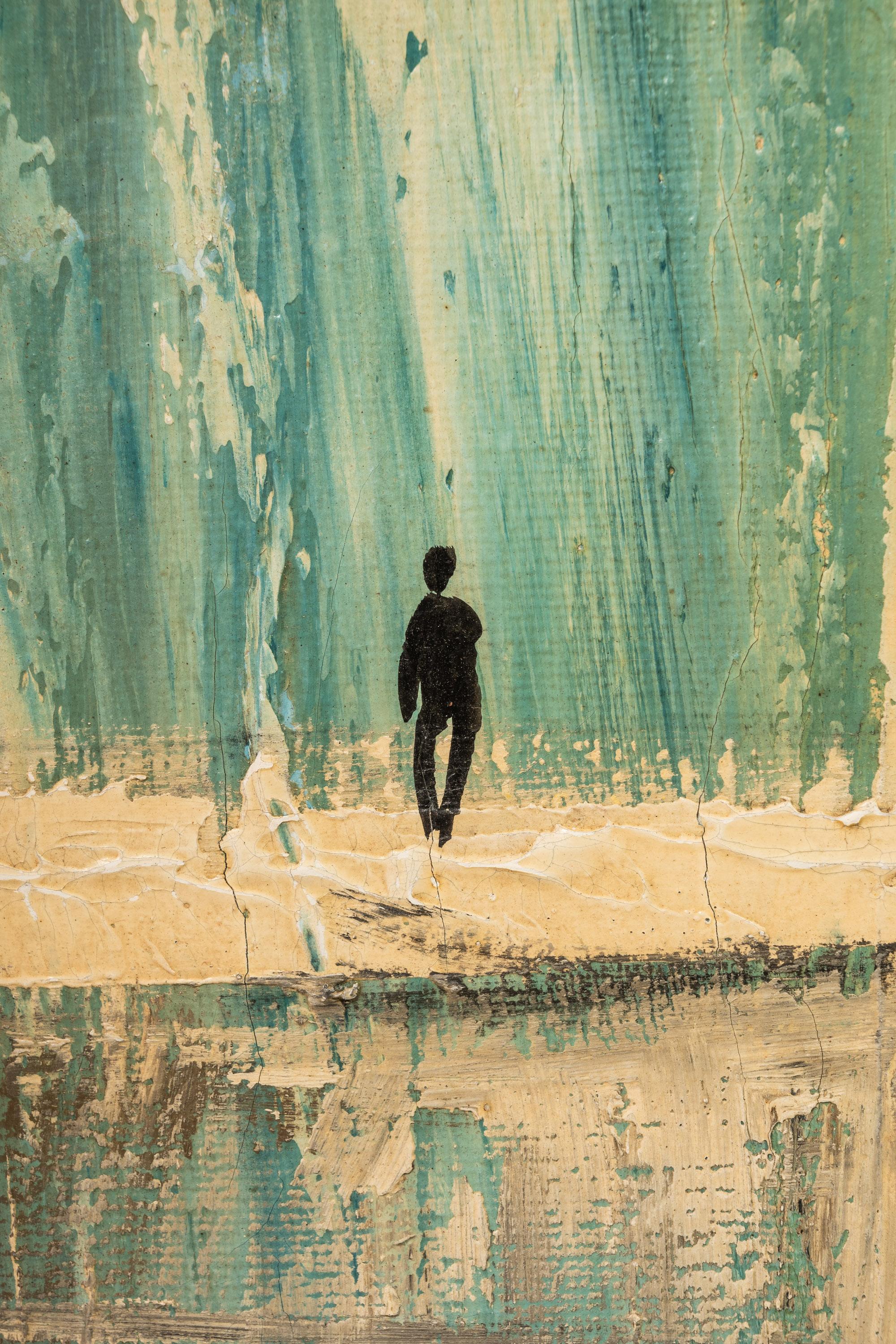 Pittura su tela firmata con paesaggio urbano astratto surreale (incorniciata), USA, anni '50 6