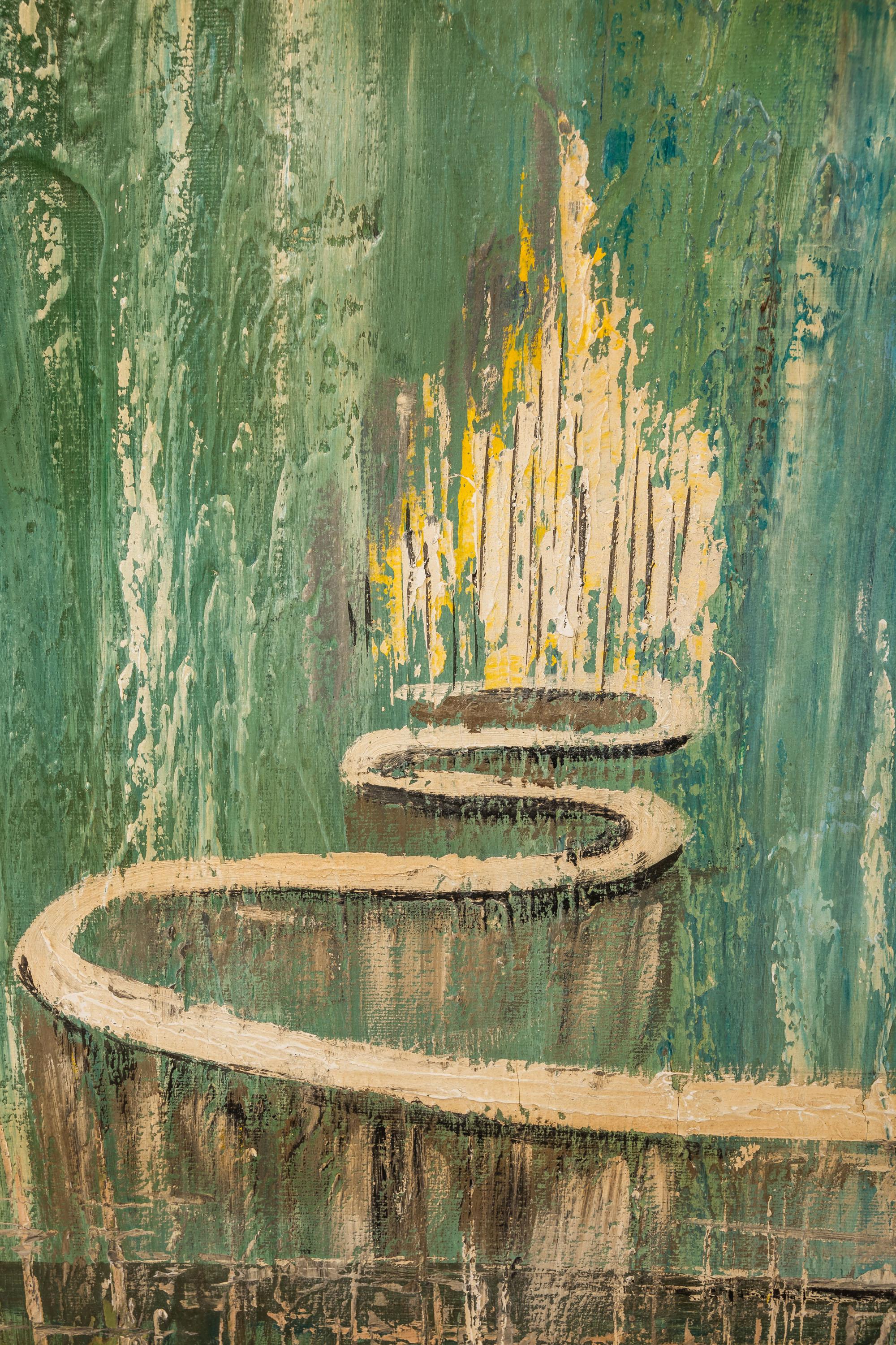 Pittura su tela firmata con paesaggio urbano astratto surreale (incorniciata), USA, anni '50 8