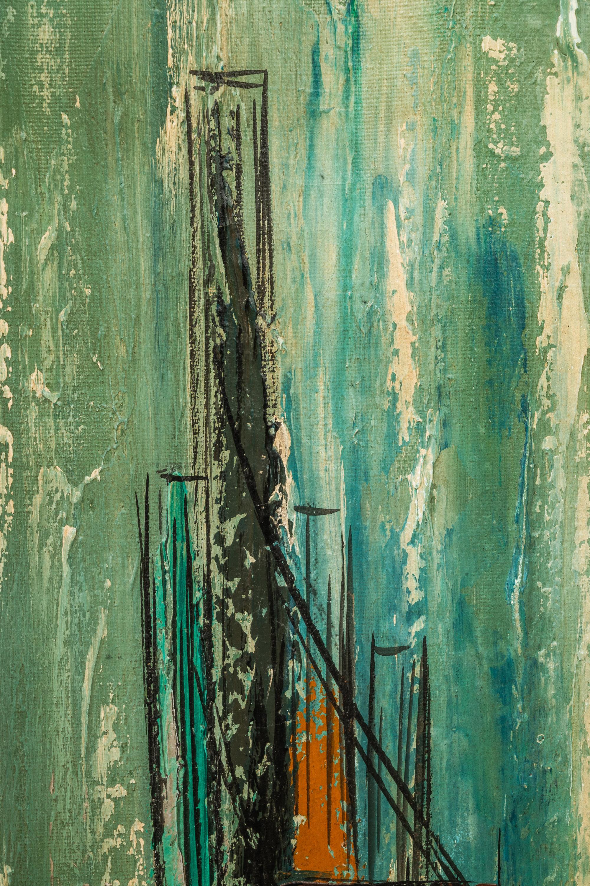 Pittura su tela firmata con paesaggio urbano astratto surreale (incorniciata), USA, anni '50 9