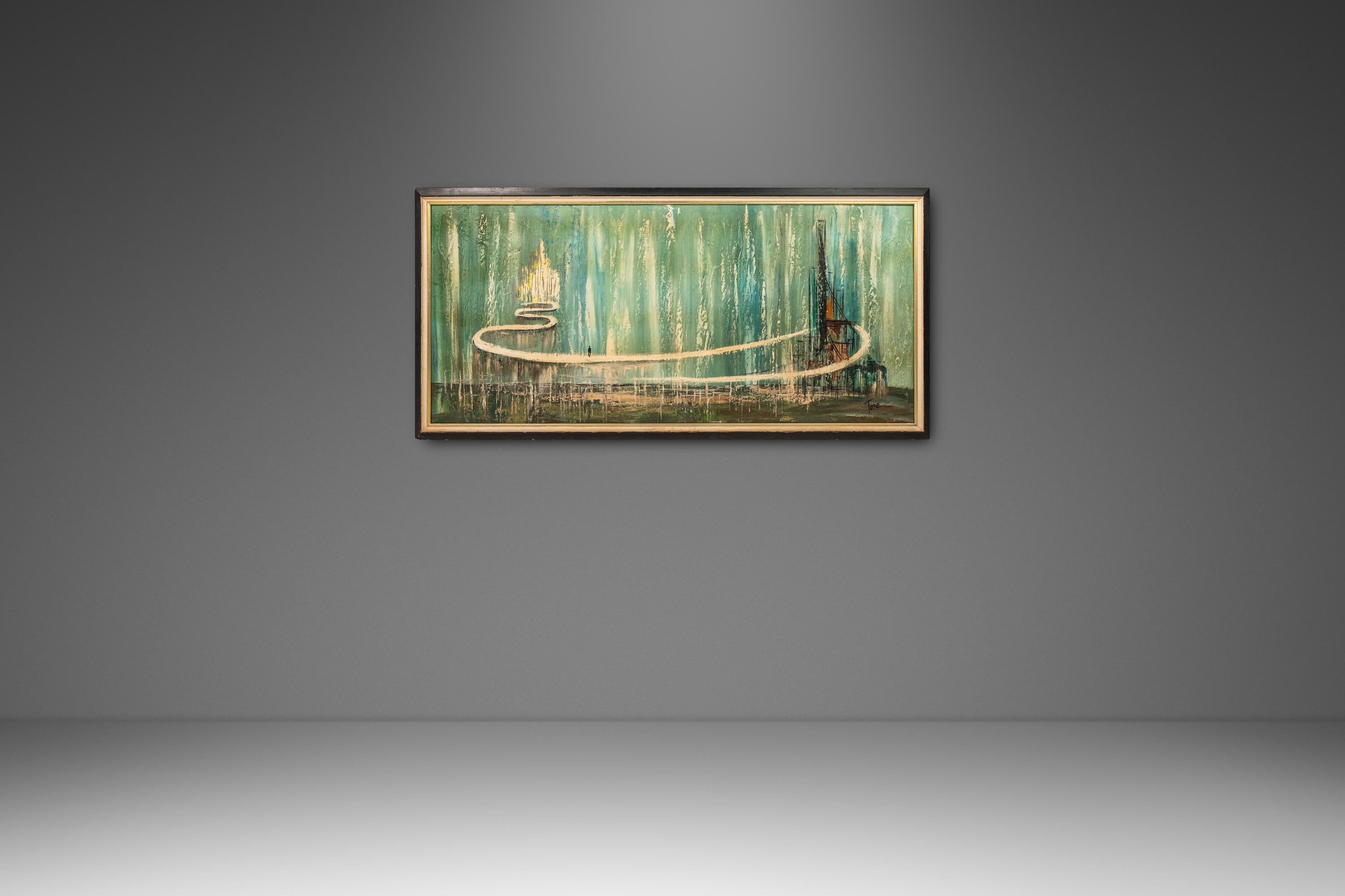  Ti presentiamo un dipinto surrealista firmato di metà secolo moderno su tela. Questo pezzo raffigurante un paesaggio urbano con dicotomie che fanno riflettere, colori lunatici e ombreggiature, angoli e tratti in stile Mid-Century Modern, è un'opera