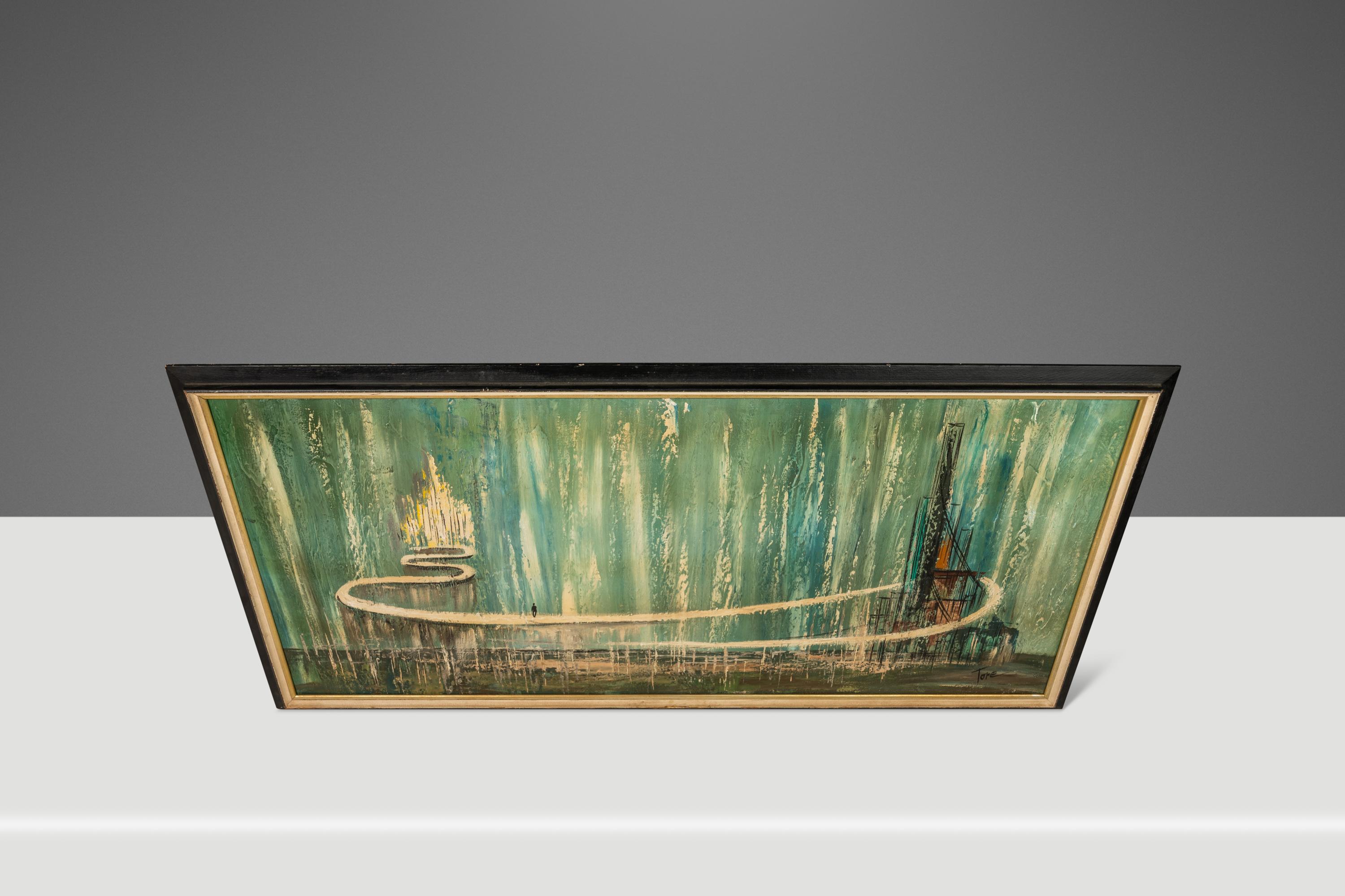 Mid-Century moderno Pittura su tela firmata con paesaggio urbano astratto surreale (incorniciata), USA, anni '50