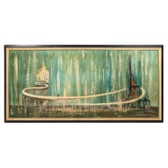 Pittura su tela firmata con paesaggio urbano astratto surreale (incorniciata), USA, anni '50
