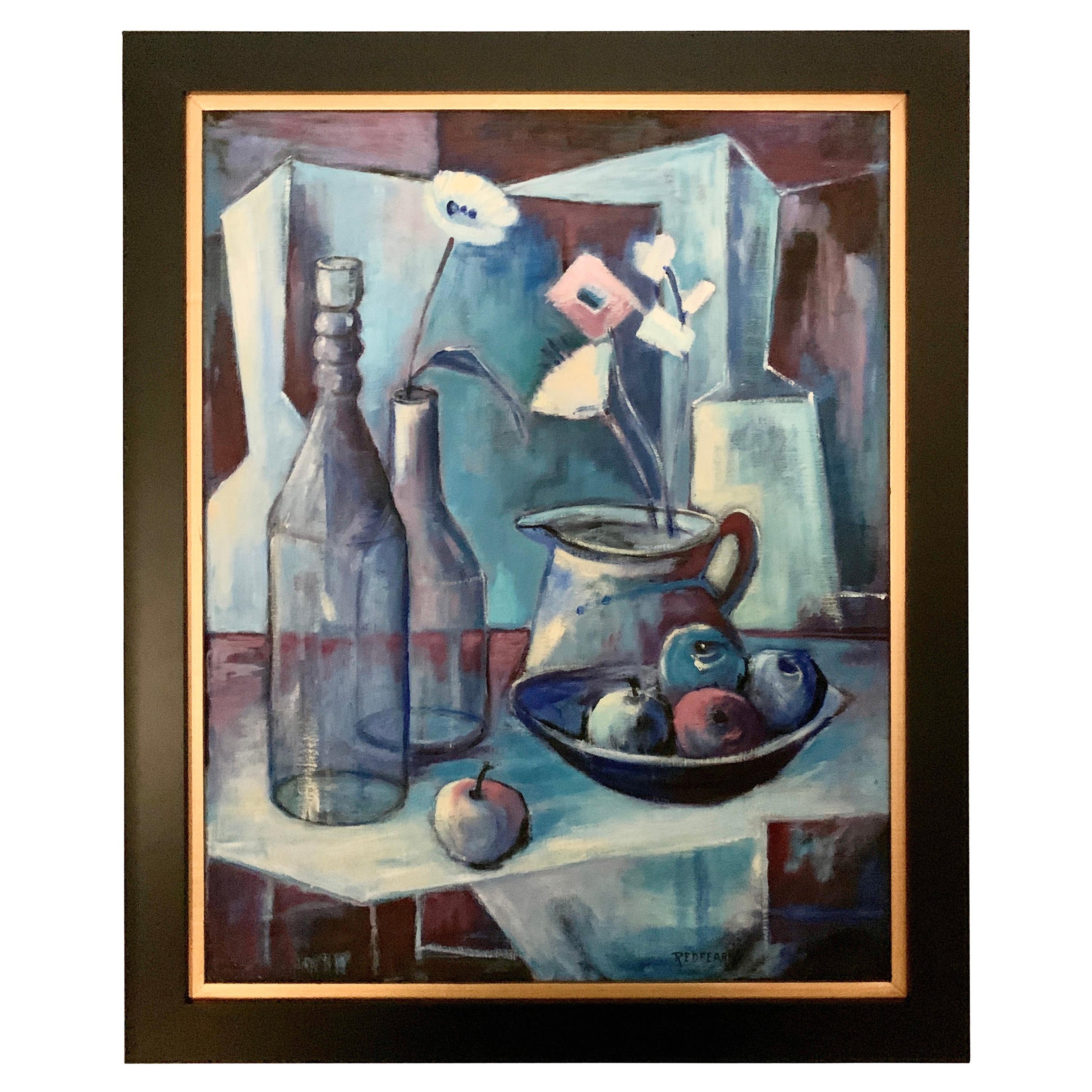 Signiertes kubistisches Gemälde in Acrylblau auf Leinwand