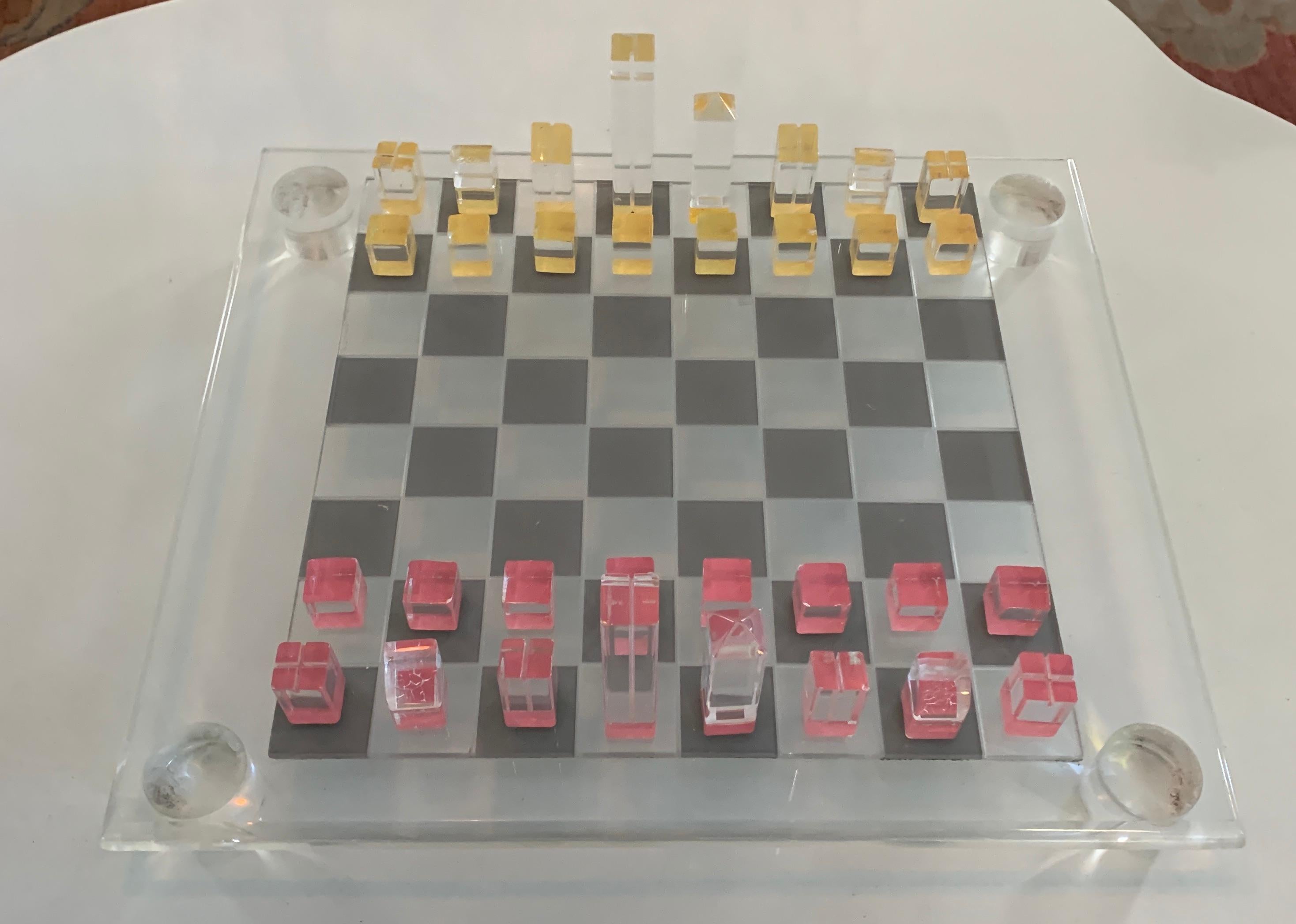 Hand-Painted Signed Acrylic Modernist Bauhaus Inspired Chess Set For Sale