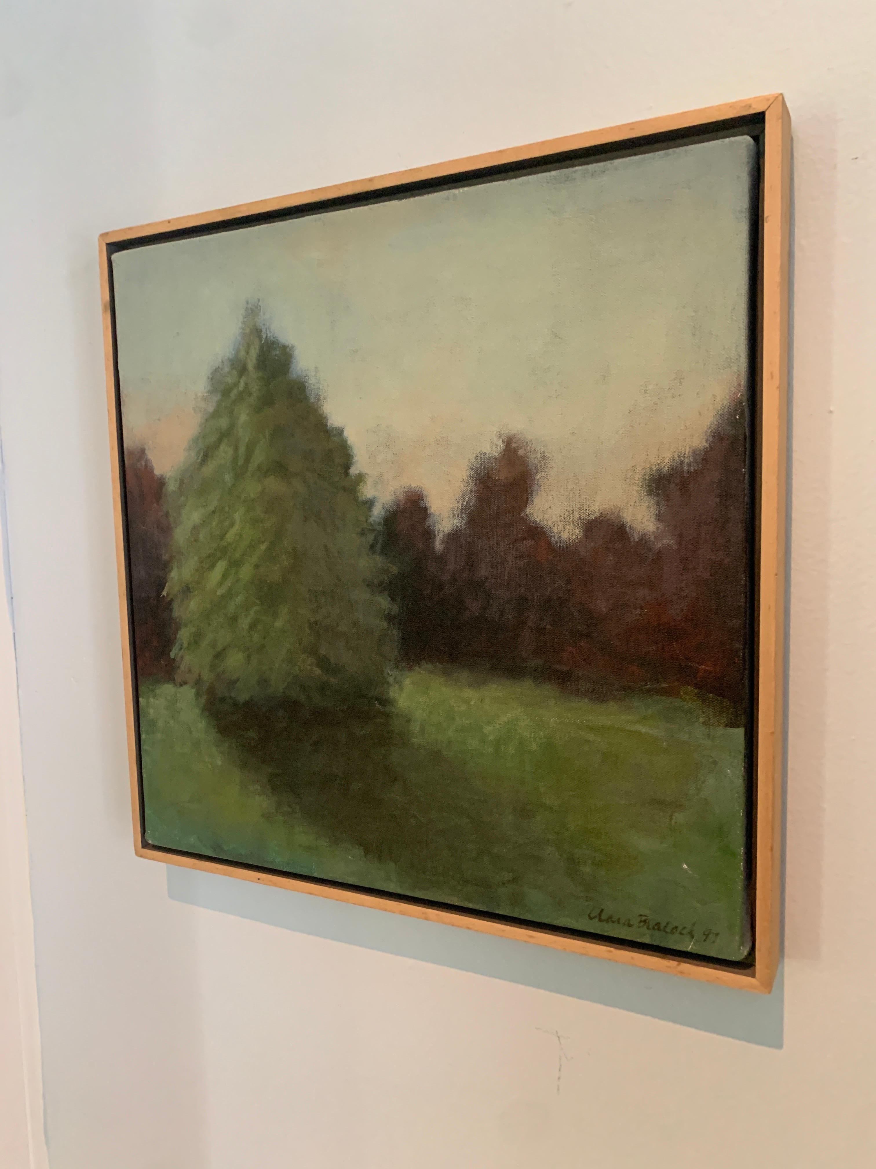 Moderne Peinture de paysage à l'acrylique sur toile signée représentant des arbres et des ombres dans un cadre en bois en vente