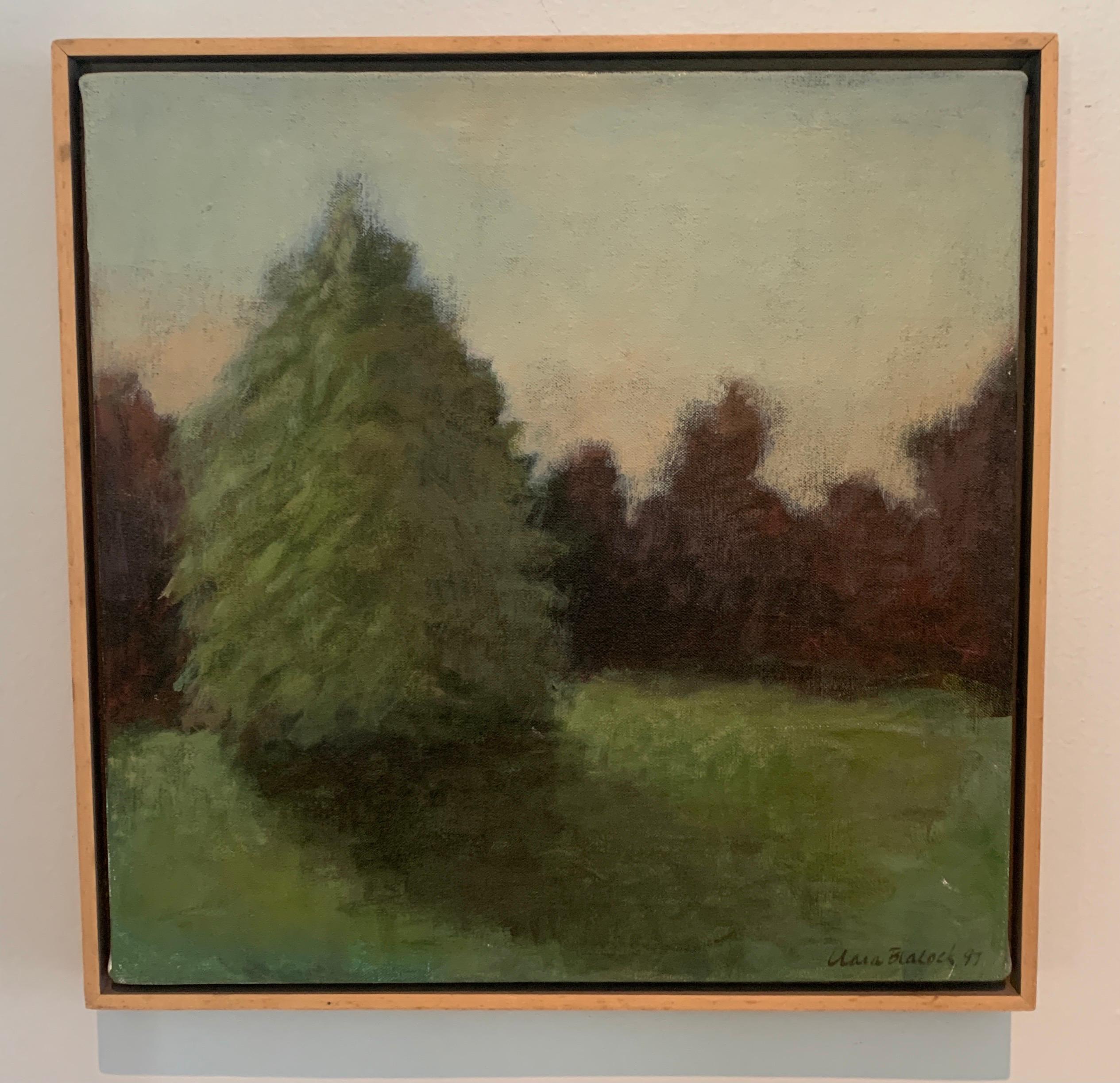 Signed Acrylic on Canvas Landscape Painting of Trees and Shadow in Wood Frame In Good Condition For Sale In Los Angeles, CA
