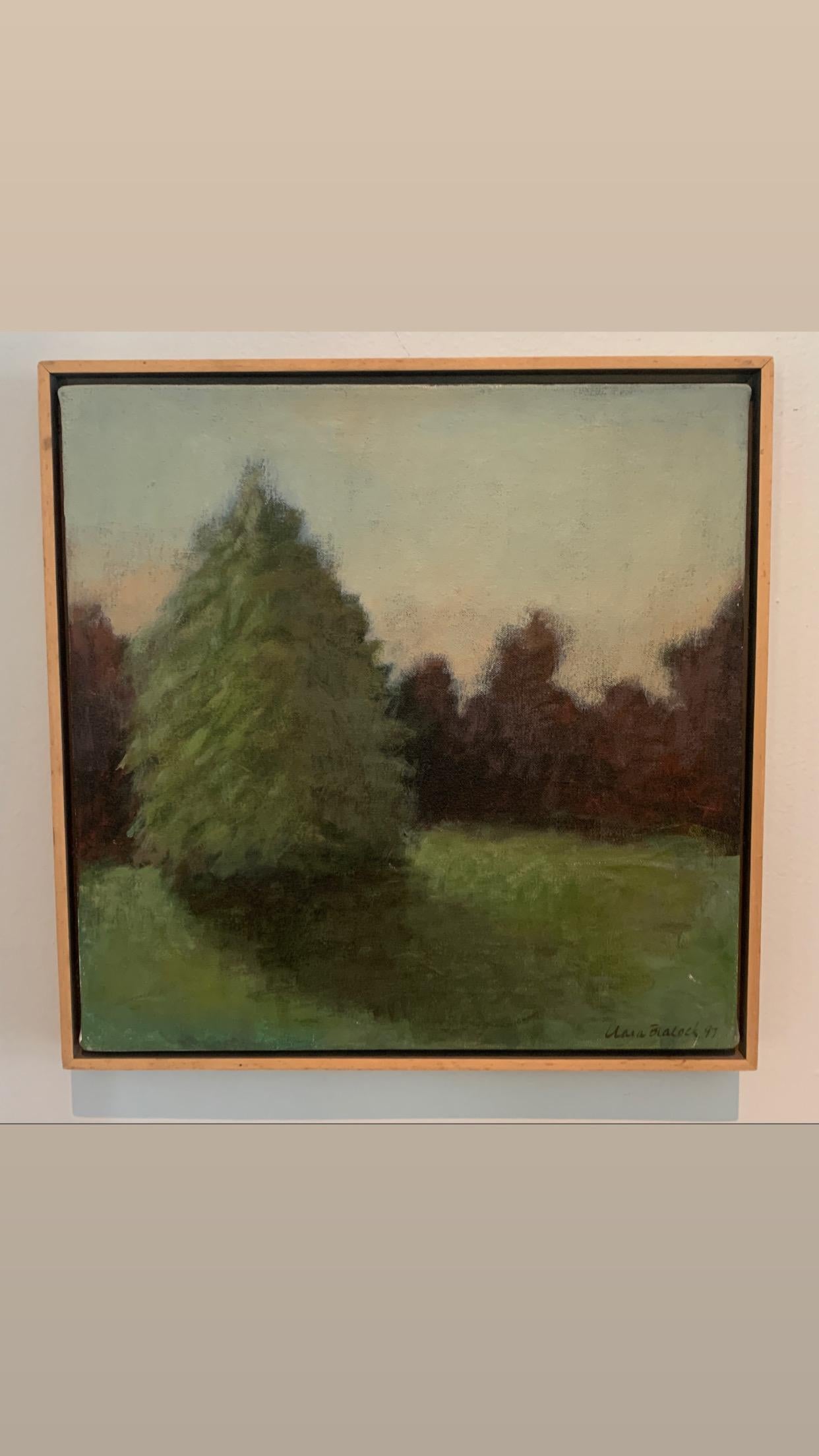 20ième siècle Peinture de paysage à l'acrylique sur toile signée représentant des arbres et des ombres dans un cadre en bois en vente