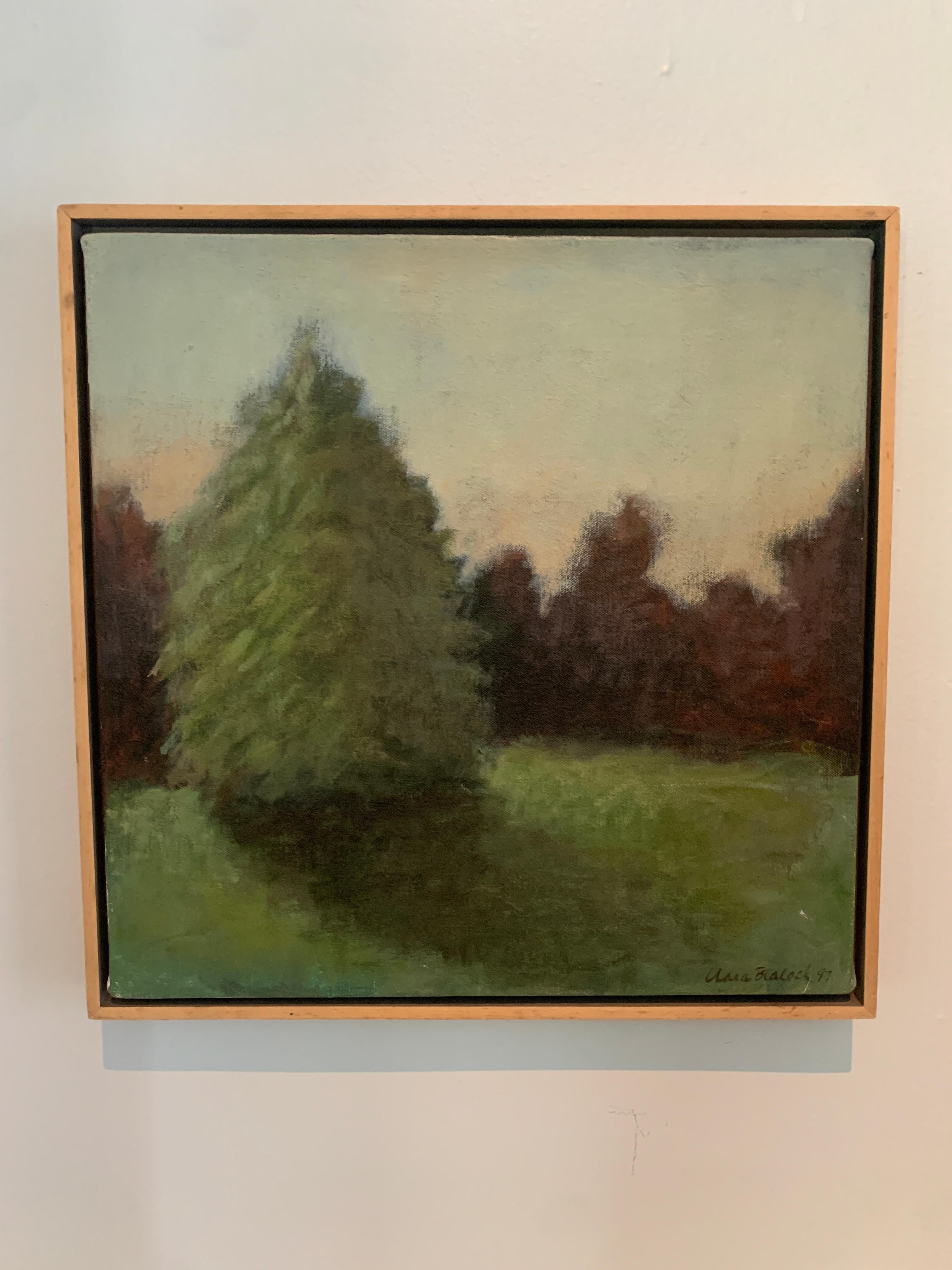 Peinture de paysage à l'acrylique sur toile signée représentant des arbres et des ombres dans un cadre en bois en vente 1