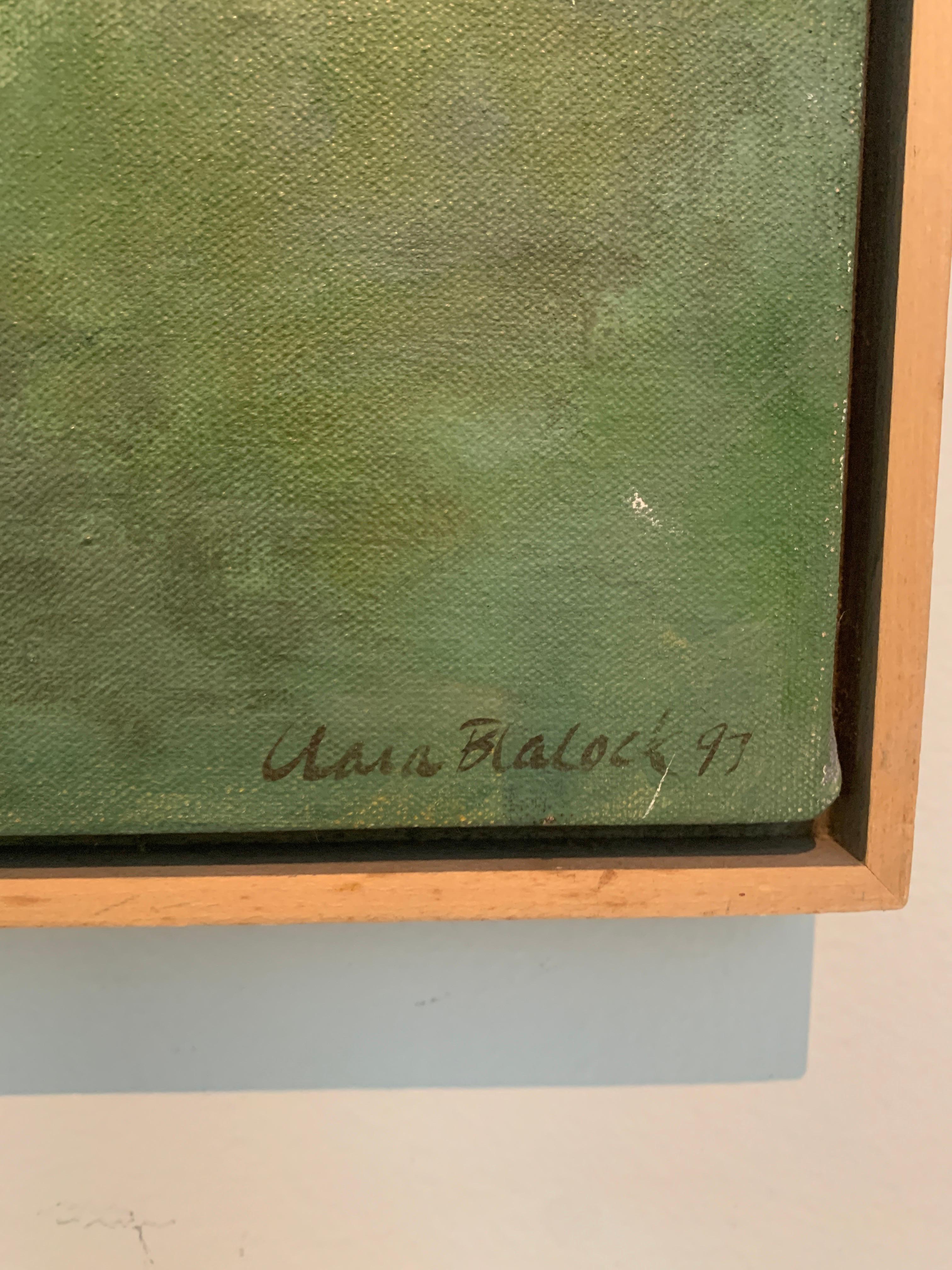 Peinture de paysage à l'acrylique sur toile signée représentant des arbres et des ombres dans un cadre en bois en vente 2