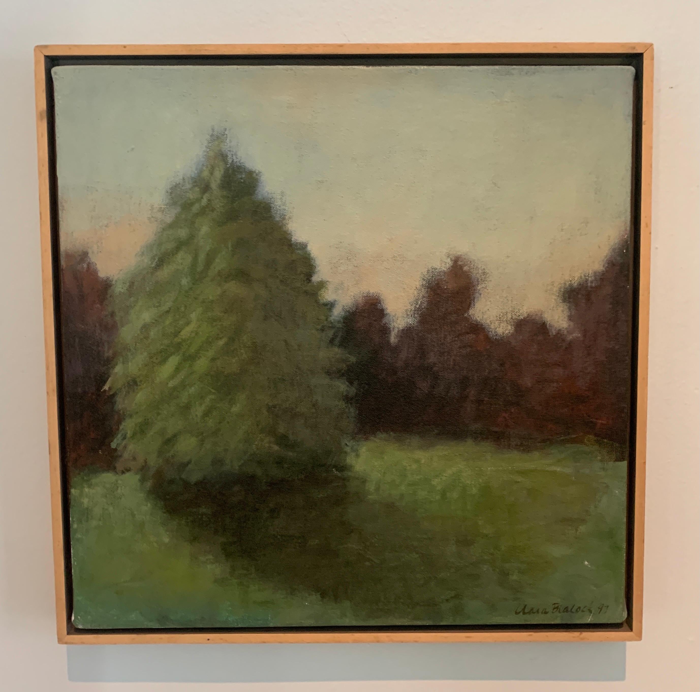 Peinture de paysage à l'acrylique sur toile signée représentant des arbres et des ombres dans un cadre en bois en vente 3