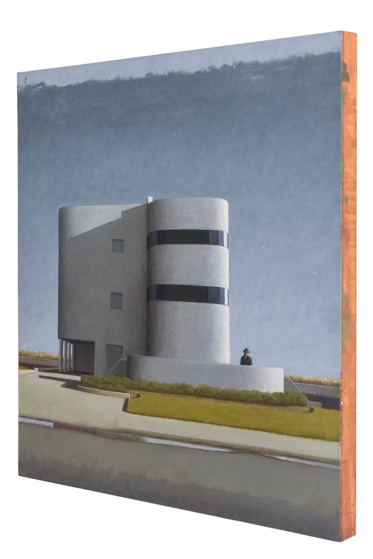 This large signed acrylic on wood painting by Walsh from 2012 is titled Watching the Detective. He was a professor of painting college level. It is eerie, captivating with open range scenery and a lone building standing. it is not framed but would
