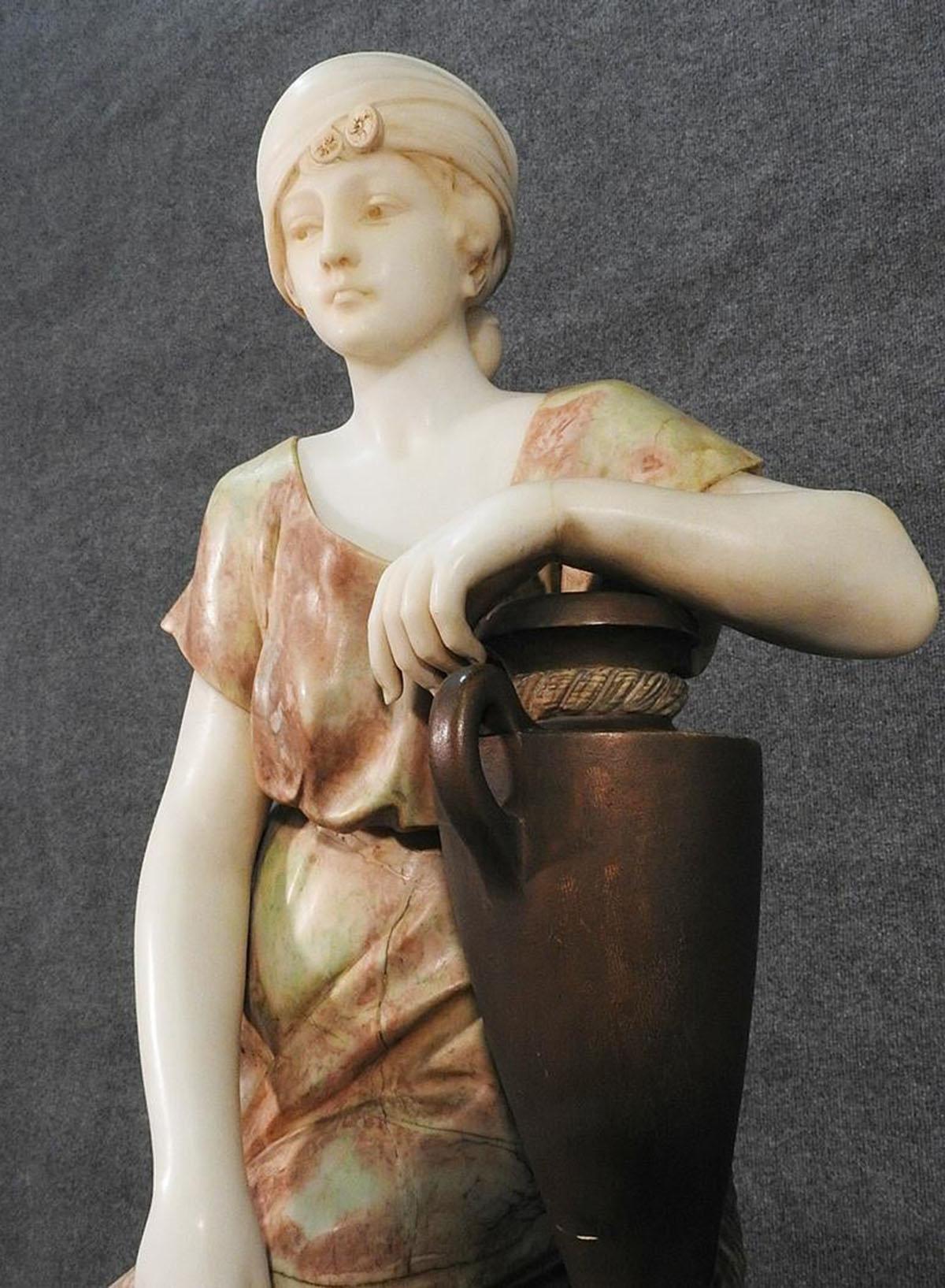 Signed Adolfo Cipriani Carved Marble Statue of a Lady with Water Jug on Rocks 10