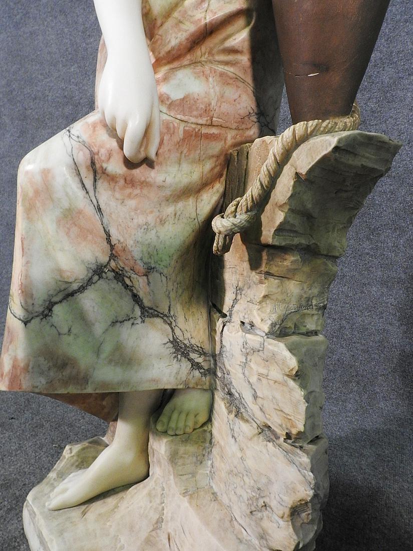 Signed Adolfo Cipriani Carved Marble Statue of a Lady with Water Jug on Rocks In Good Condition In Swedesboro, NJ