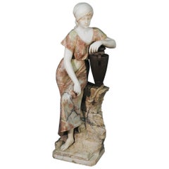 Signed Adolfo Cipriani Carved Marble Statue of a Lady with Water Jug on Rocks