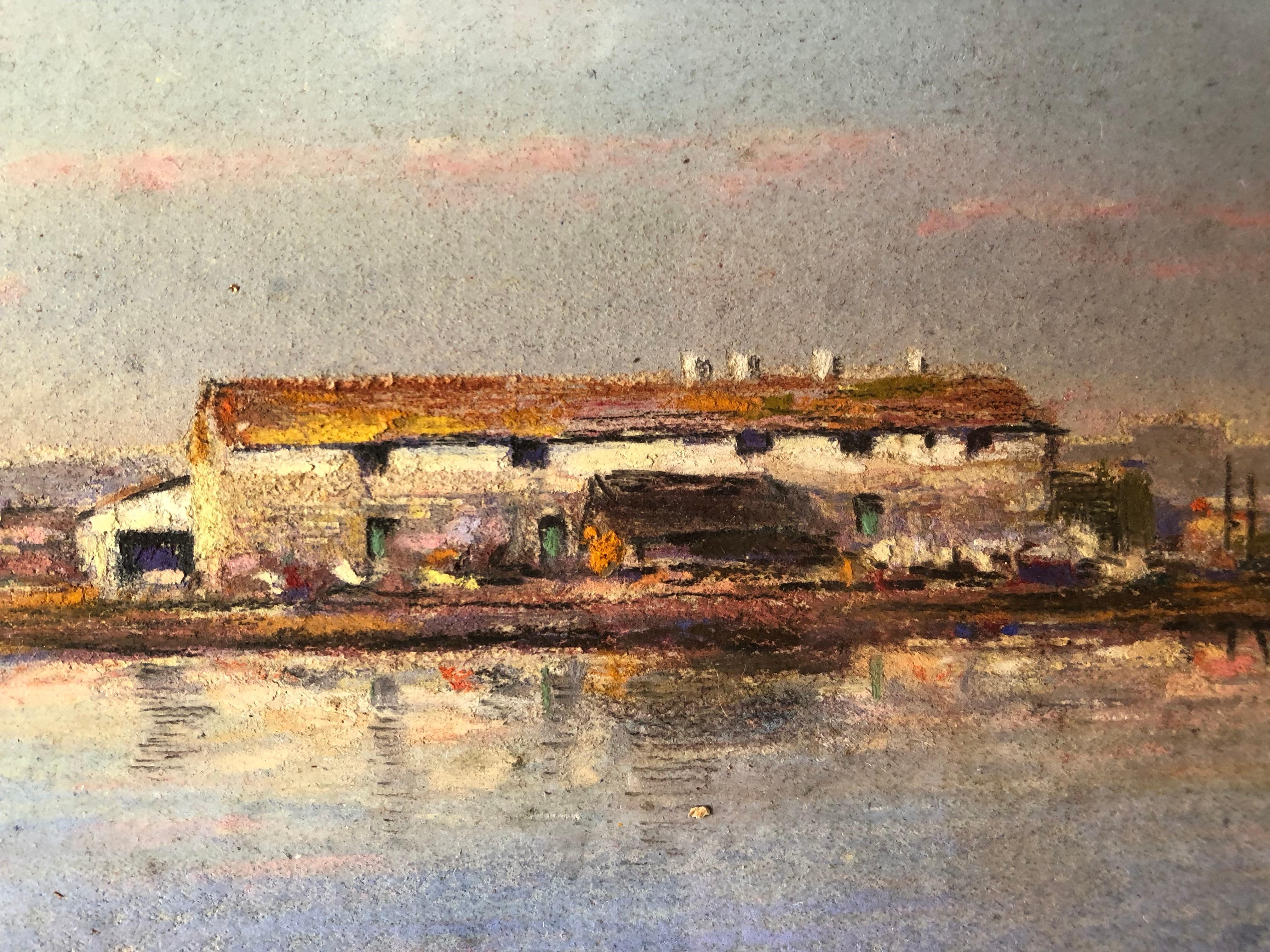 This beautiful original watercolor pastel is signed by the artist, Albert Gougers. Entitled Boat at the edge of the bay is is a very nice piece with good detail. It has a barely noticeable small discoloration in the upper right hand corner sky