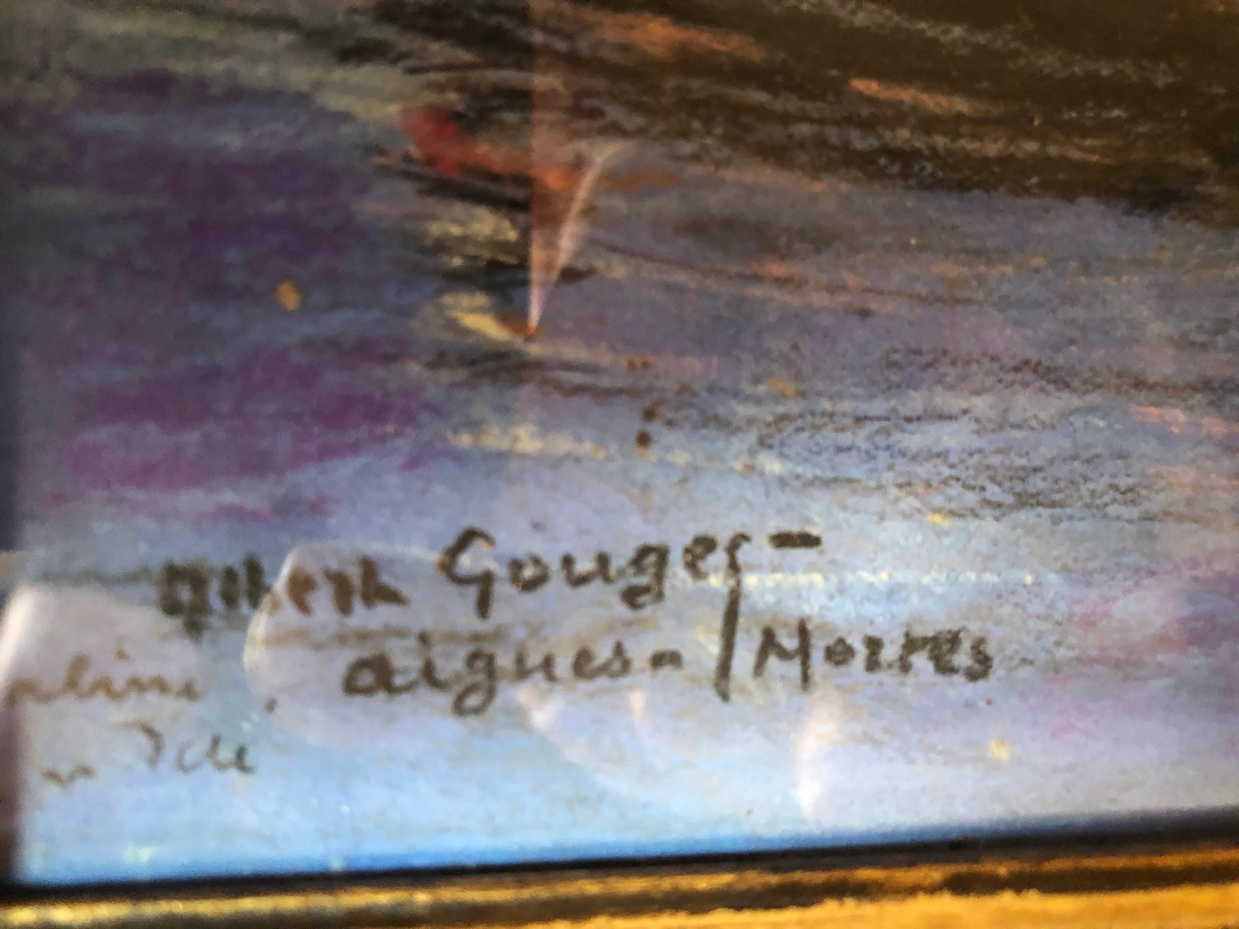French Signed Albert Gouges Art, Original Watercolor Pastel on Paper Framed under Glass