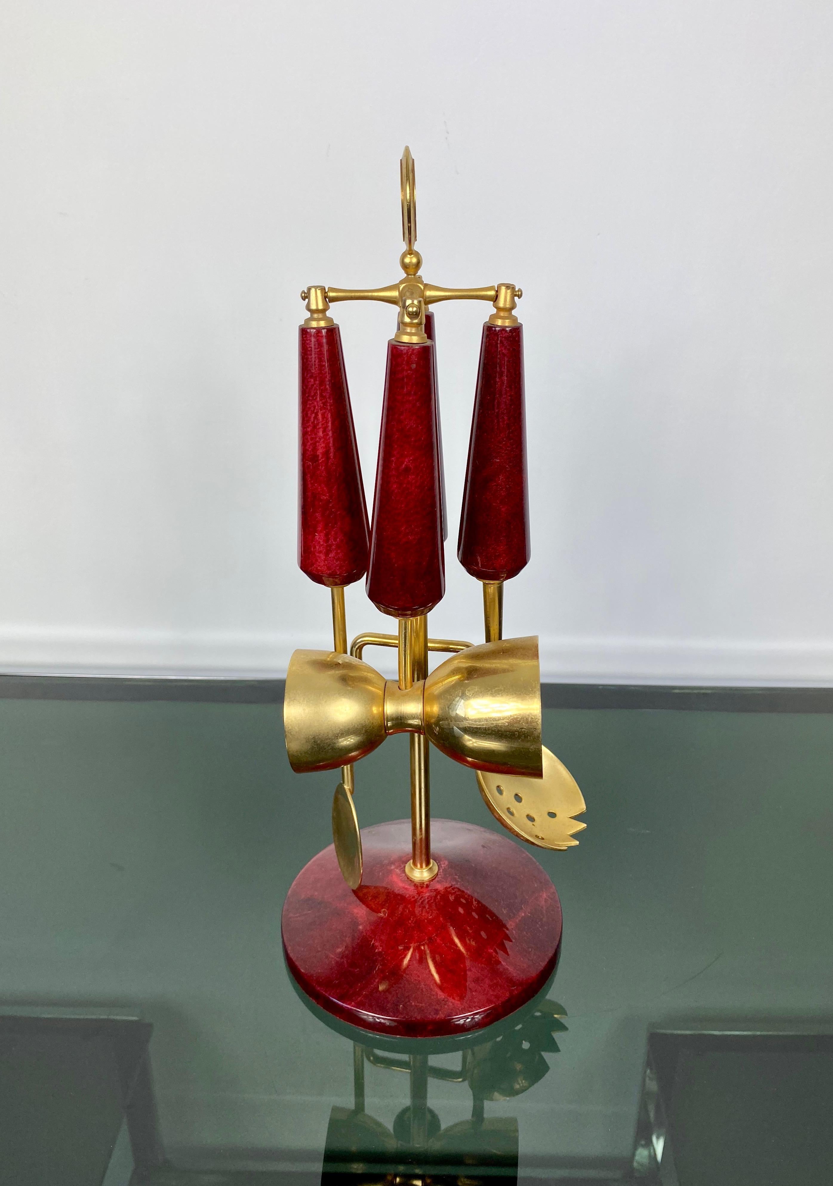 Mid-Century Modern Signed Aldo Tura Red Lacquered Goatskin Bar Cocktail Set, Italy, 1960s