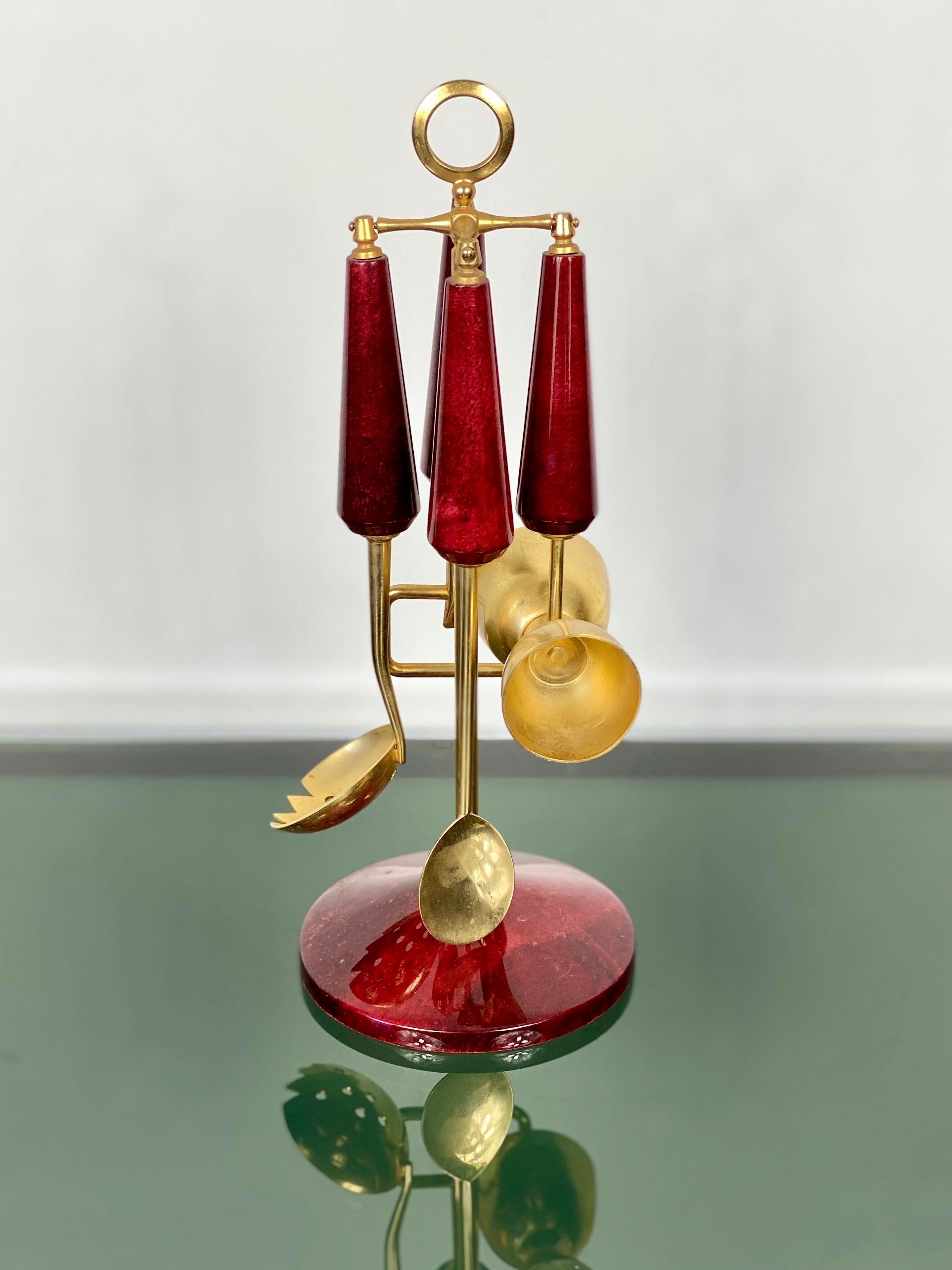 Italian Signed Aldo Tura Red Lacquered Goatskin Bar Cocktail Set, Italy, 1960s