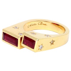 Signed Aletto Brothers Pair of Baguette Cut Ruby and Diamond Ring in 18 Karat