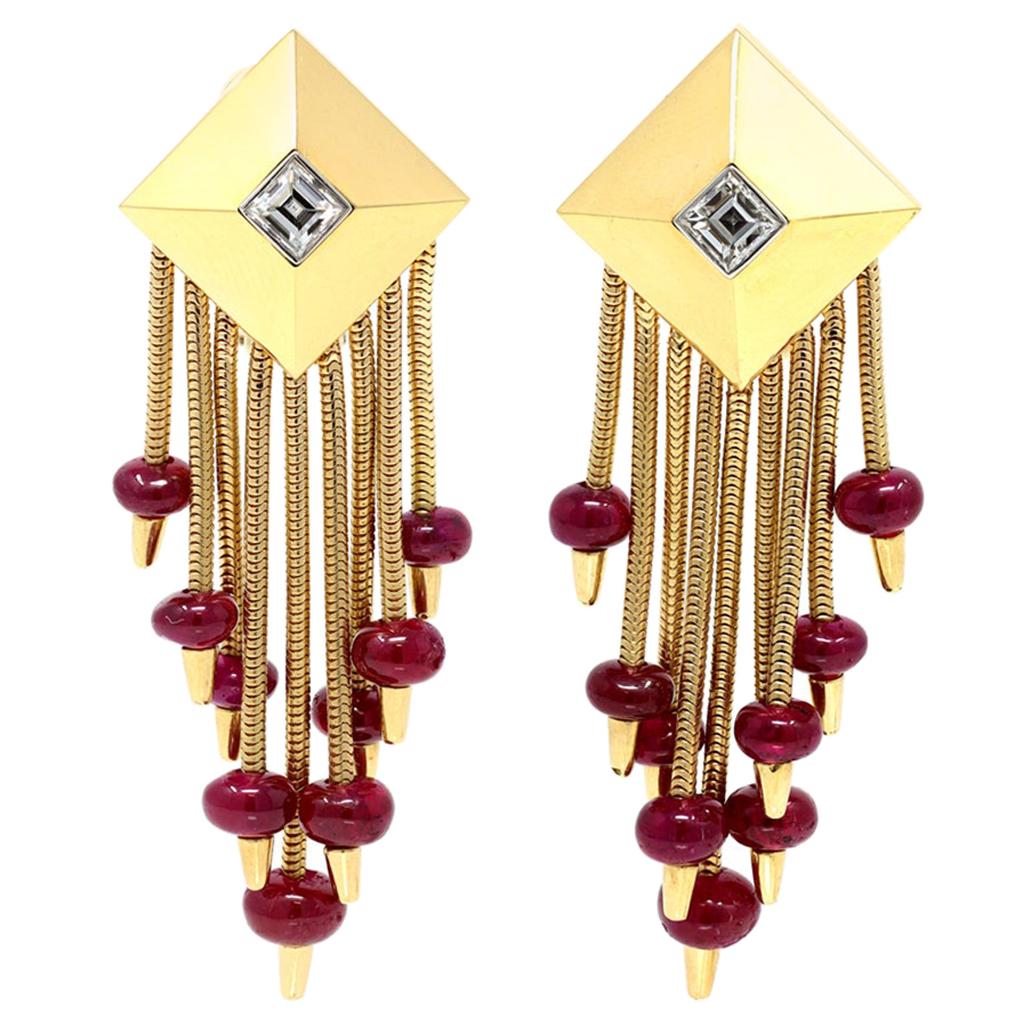 Aletto Brothers Pyramid Ruby and Diamond Dangling Clip-On Drop Earrings