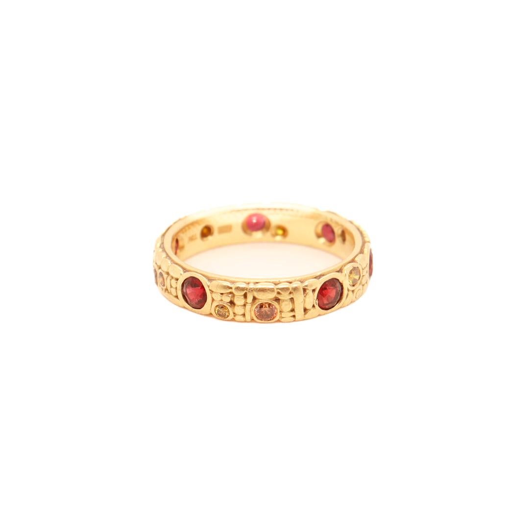 Modern Signed Alex Sepkus 18k Gold, Yellow Diamond, & Garnet Engraved Band Ring For Sale