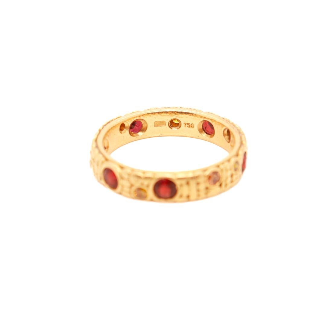 Signed Alex Sepkus 18k Gold, Yellow Diamond, & Garnet Engraved Band Ring In Good Condition For Sale In Philadelphia, PA