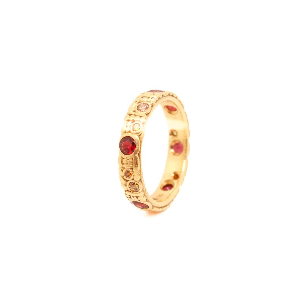 Women's Signed Alex Sepkus 18k Gold, Yellow Diamond, & Garnet Engraved Band Ring For Sale