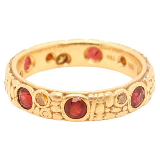 Signed Alex Sepkus 18k Gold, Yellow Diamond, & Garnet Engraved Band Ring