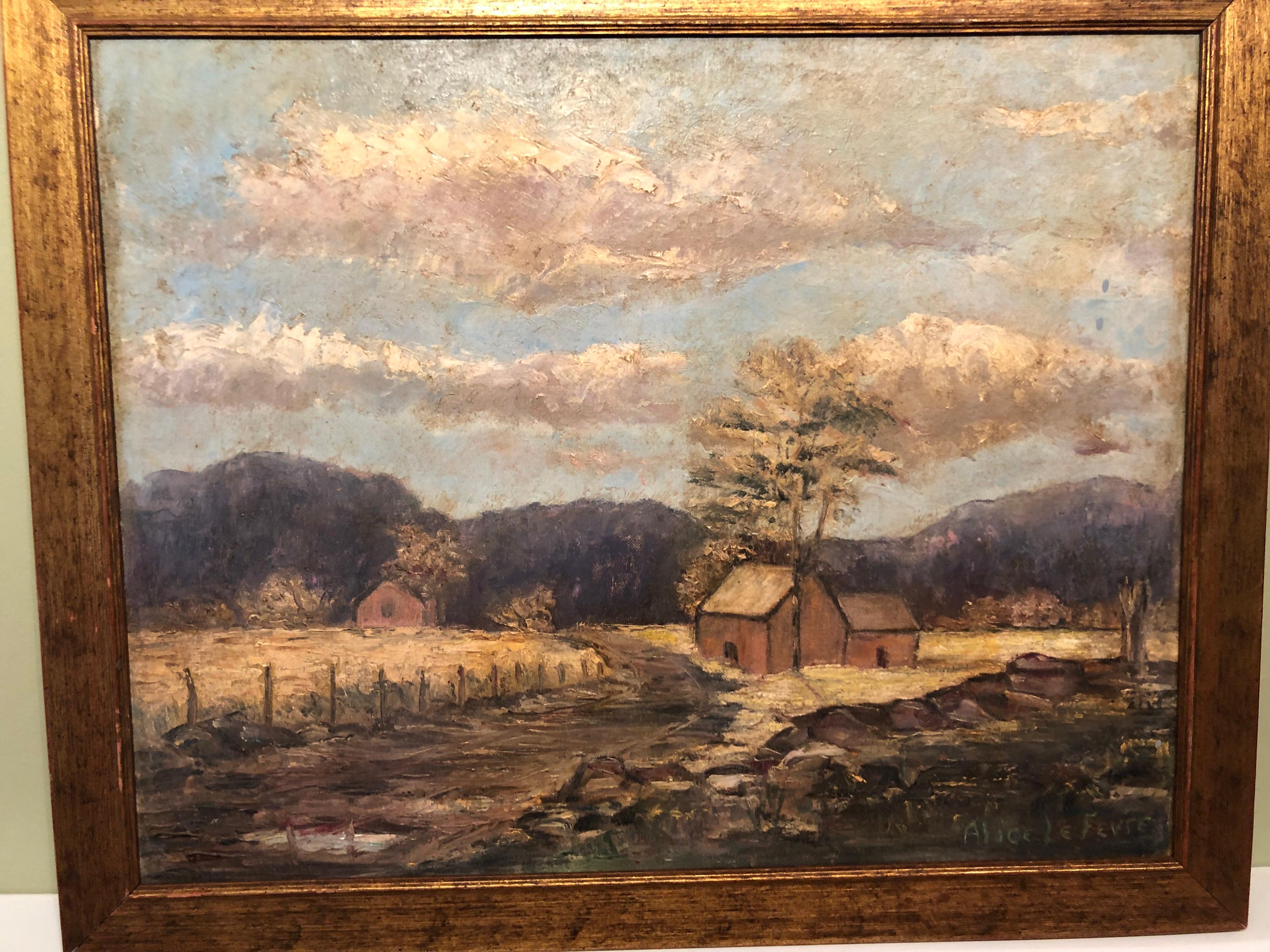 Signed Alice LeFevre Oil on Board of Pastoral New England For Sale 3