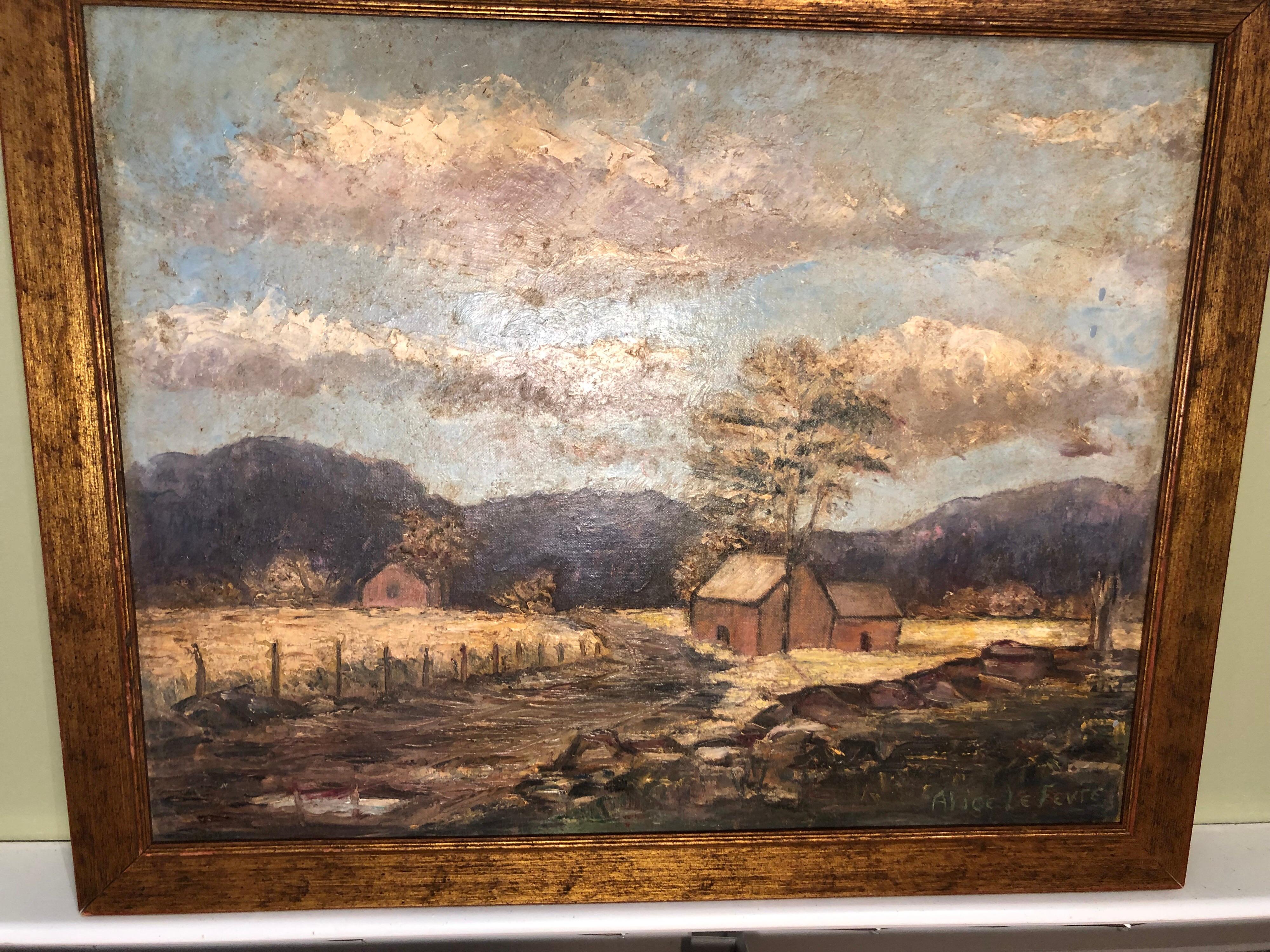 Firmado Alice LeFevre Óleo sobre tabla de Pastoral de Nueva Inglaterra Estadounidense en venta