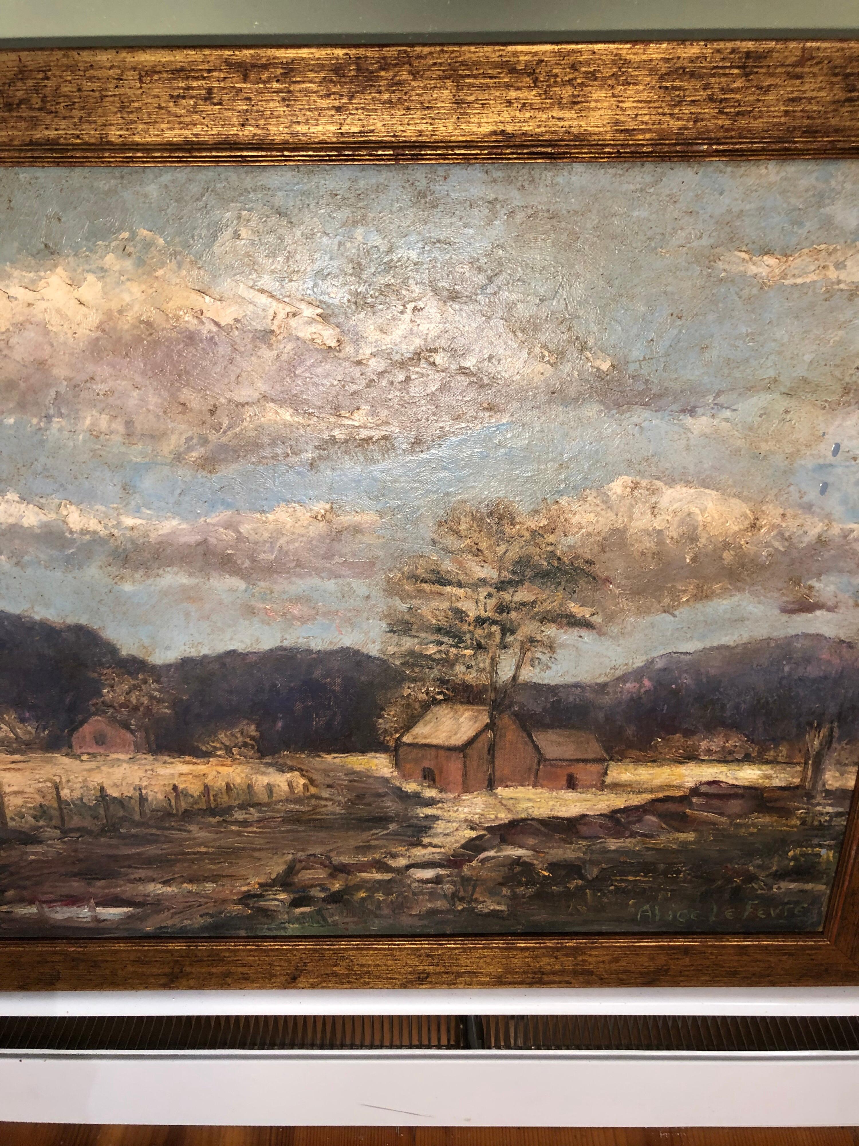 American Signed Alice LeFevre Oil on Board of Pastoral New England For Sale