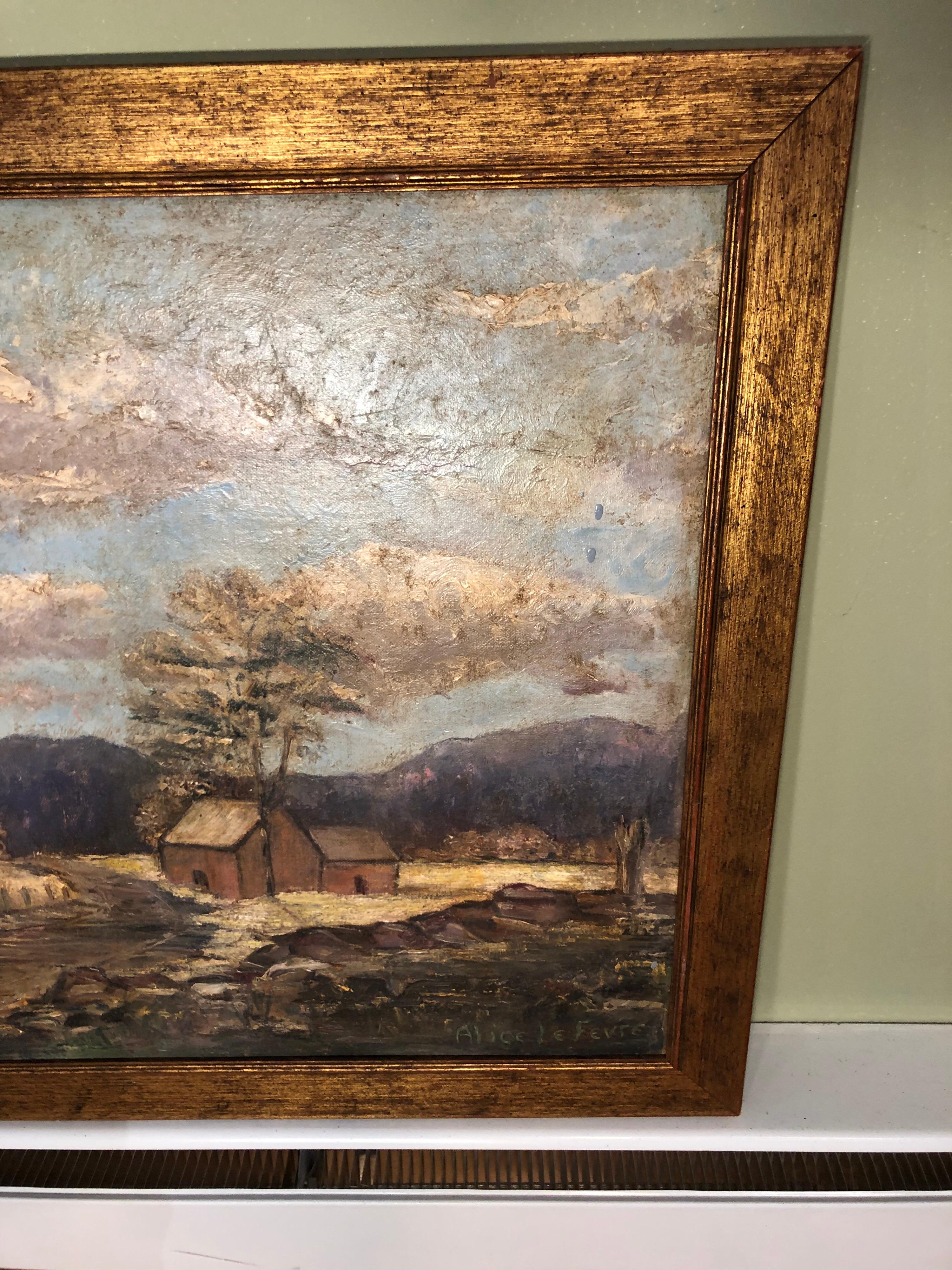 Firmado Alice LeFevre Óleo sobre tabla de Pastoral de Nueva Inglaterra Madera en venta