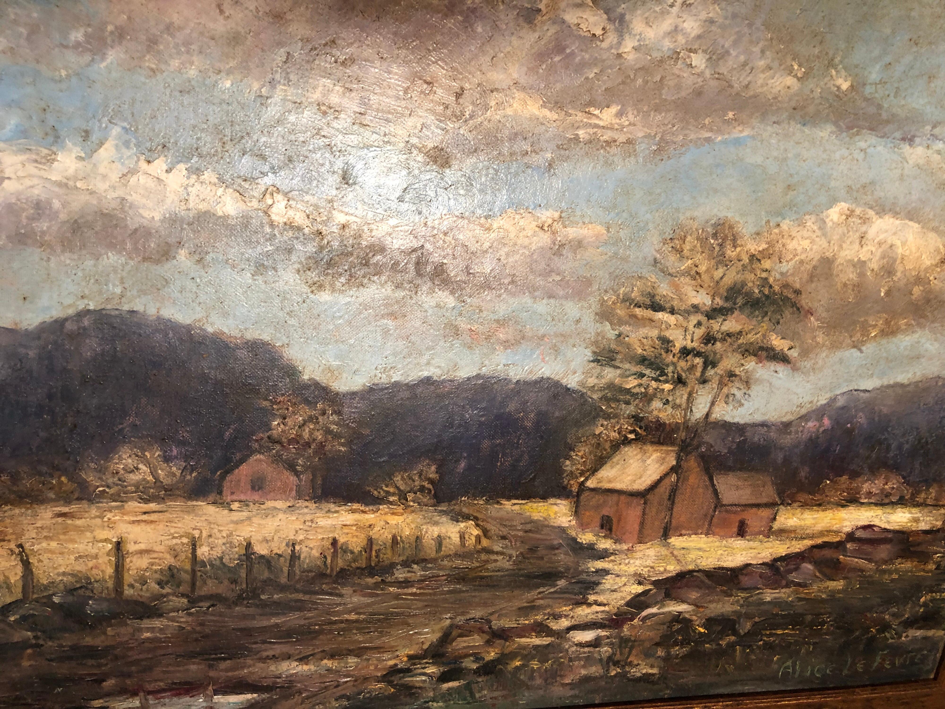Mid-20th Century Signed Alice LeFevre Oil on Board of Pastoral New England For Sale