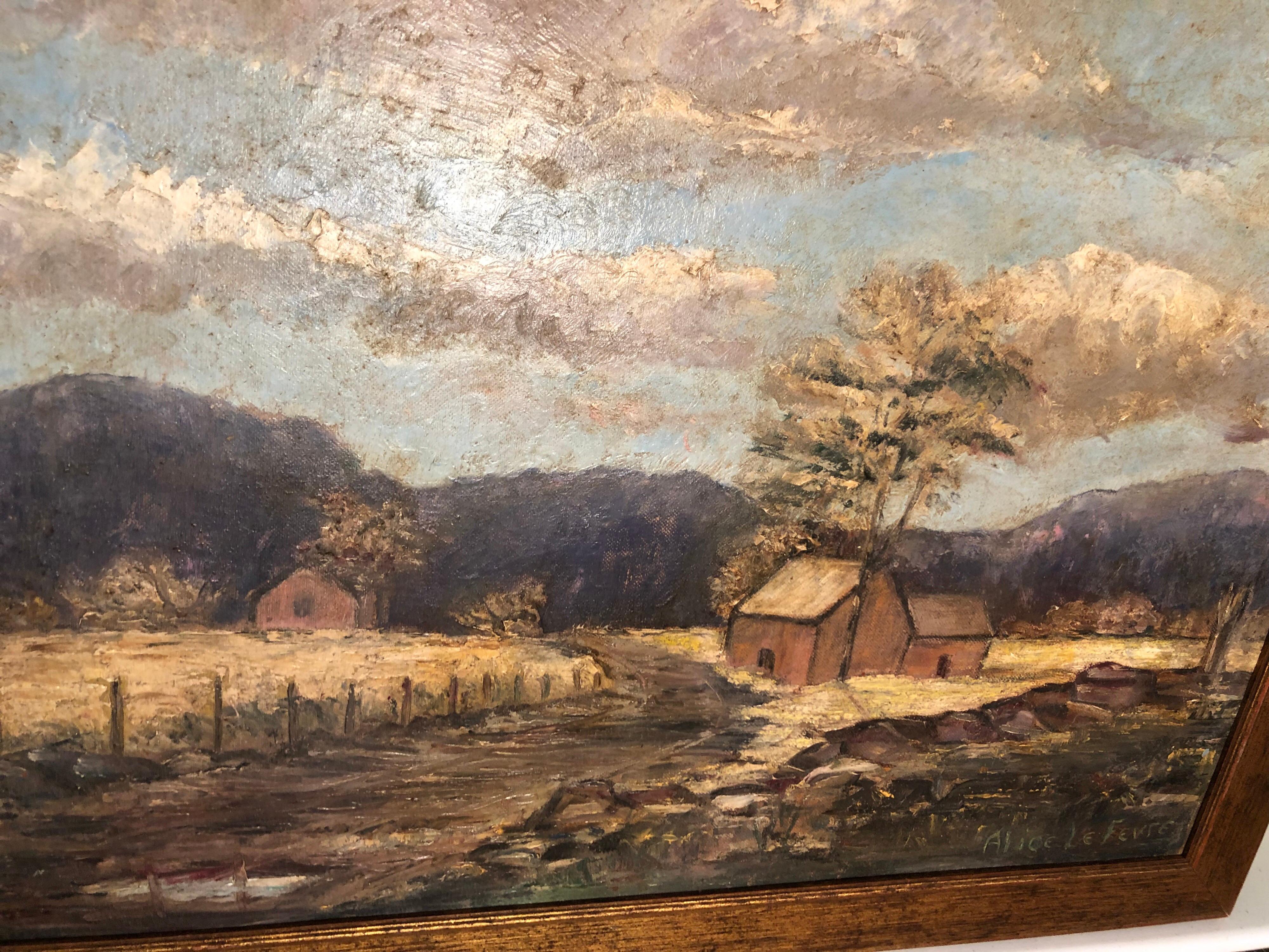 Wood Signed Alice LeFevre Oil on Board of Pastoral New England For Sale