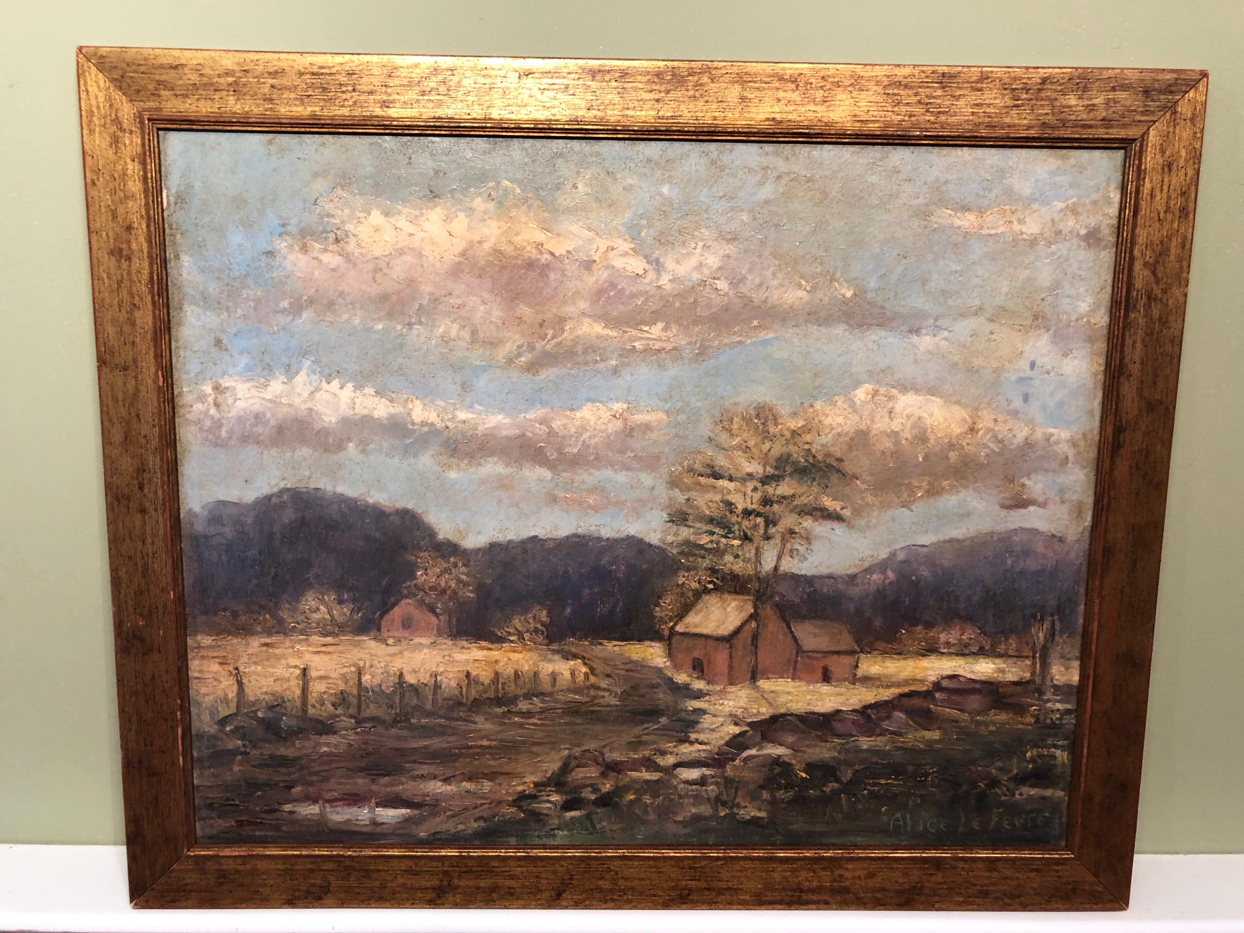 Signed Alice LeFevre Oil on Board of Pastoral New England For Sale 1