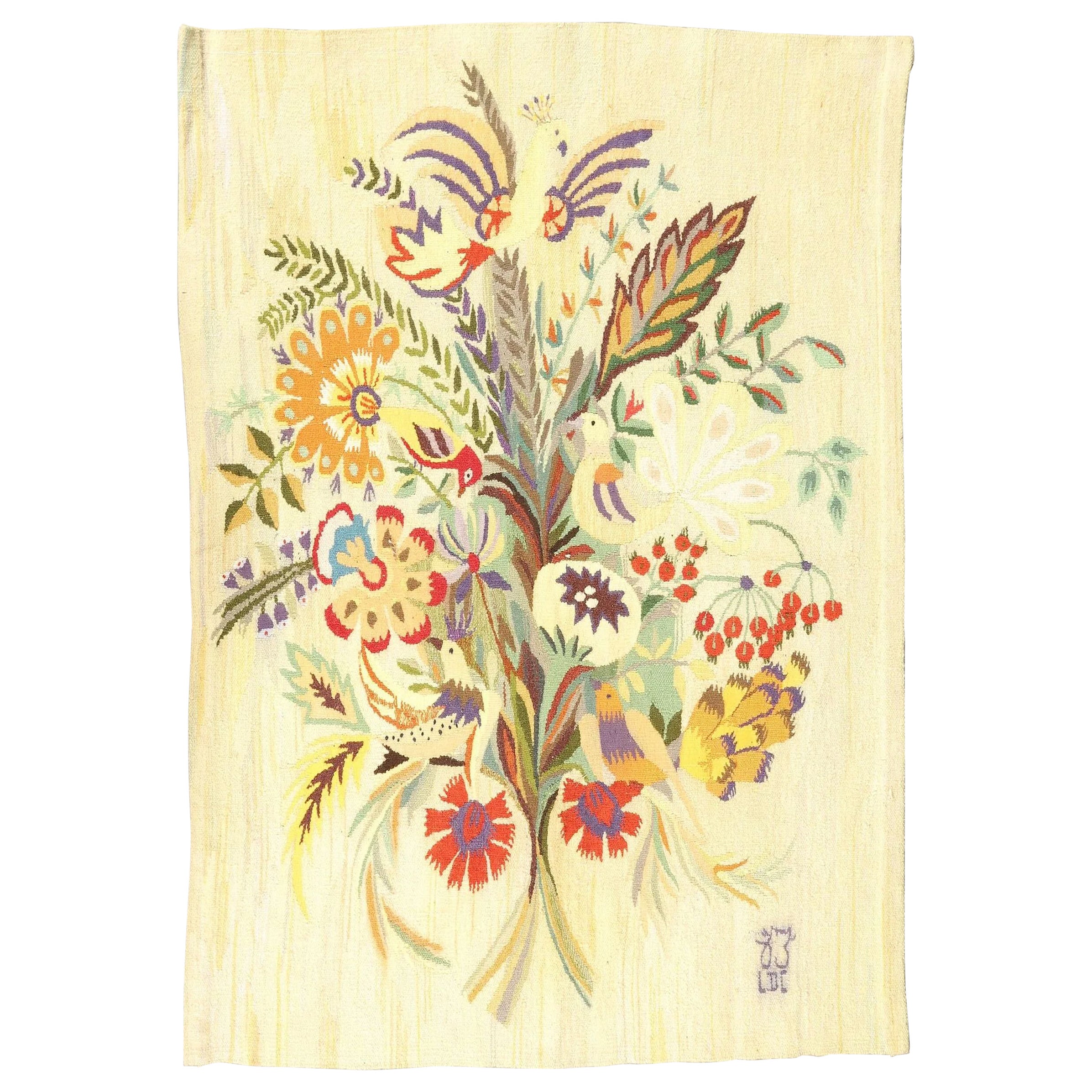 Signed Aline Leduc-Durand Aubusson Tapestry, Folk Floral Bouquet - Rug 
Kilim For Sale