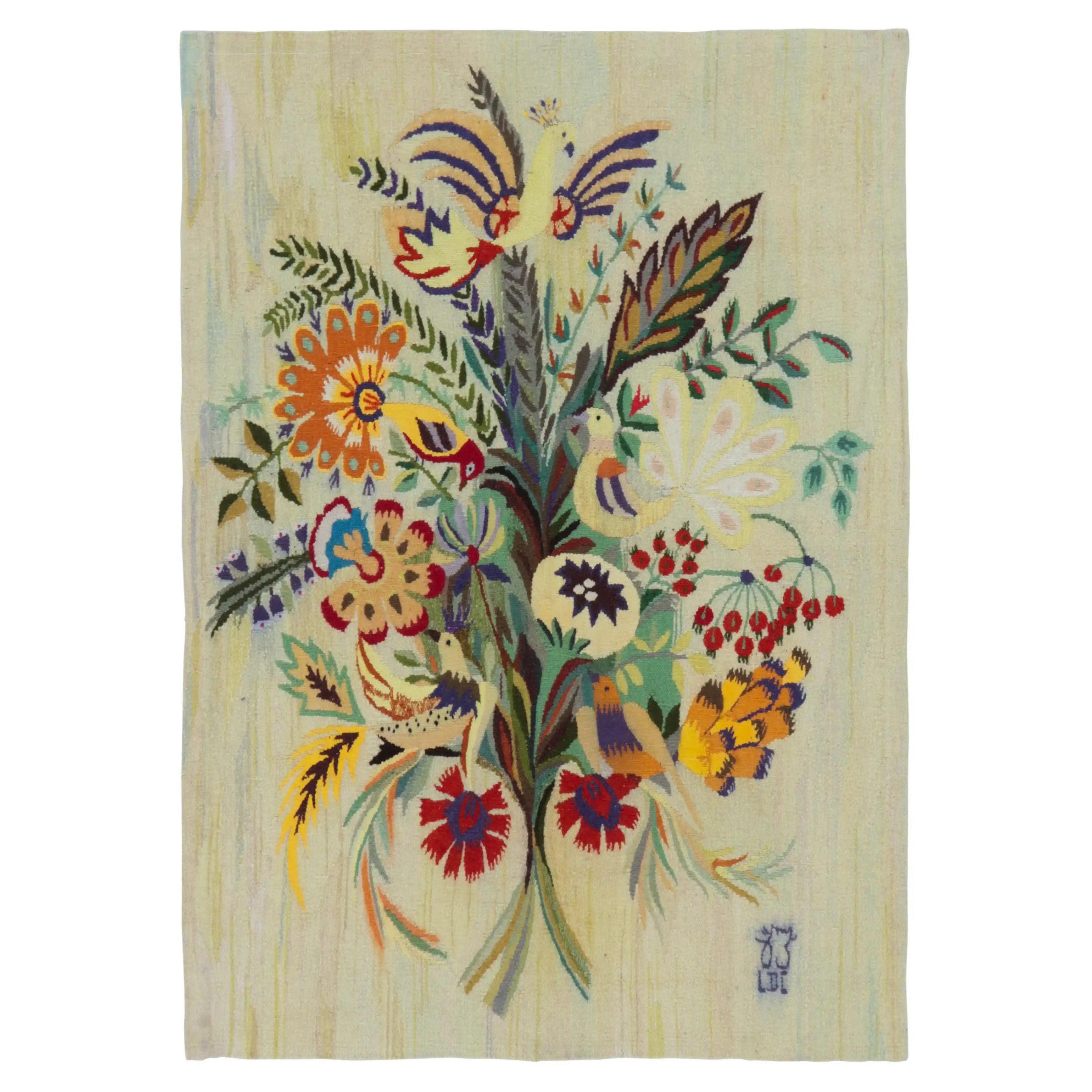 Arazzo Aubusson firmato Aline Leduc-Durand, Bouquet floreale folkloristico - Rug & Kilim
