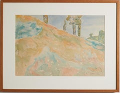Signed Allen Tucker, 'Sunny Hillside with Trees at Crest'. Watercolor on Paper