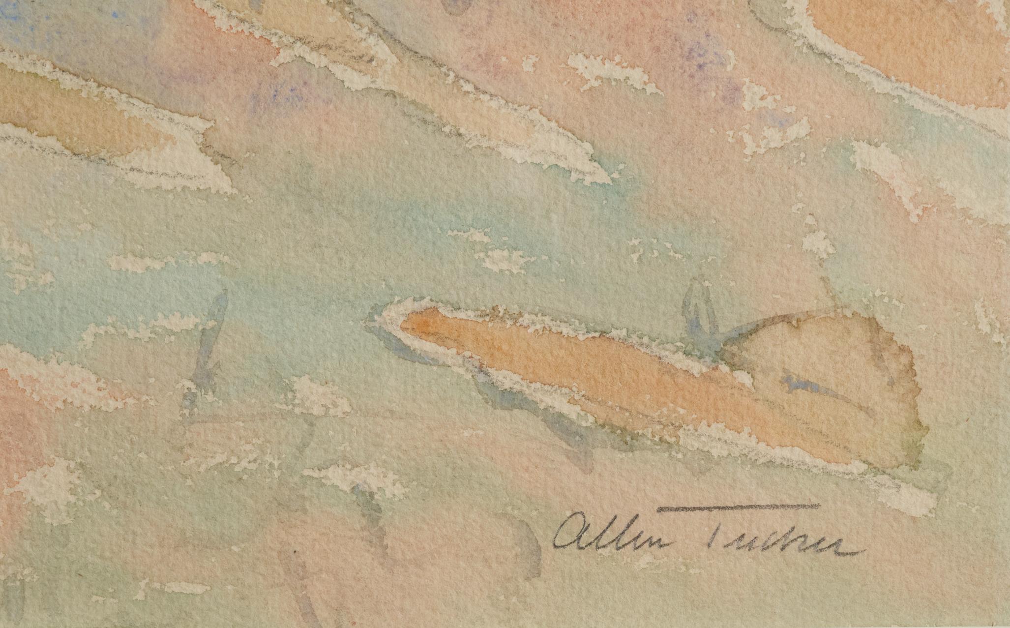 Hand-Painted Signed Allen Tucker, 'Sunny Hillside with Trees at Crest'. Watercolor on Paper