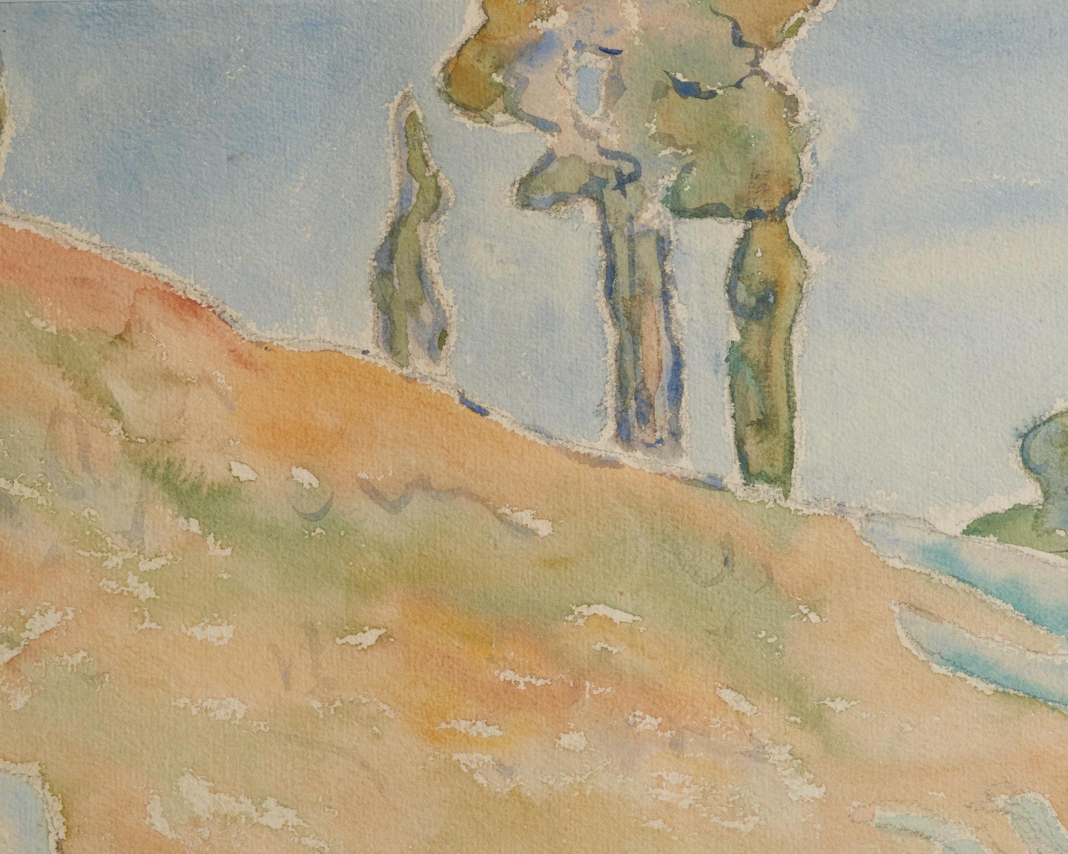 Signed Allen Tucker, 'Sunny Hillside with Trees at Crest'. Watercolor on Paper In Good Condition In Kingston, NY