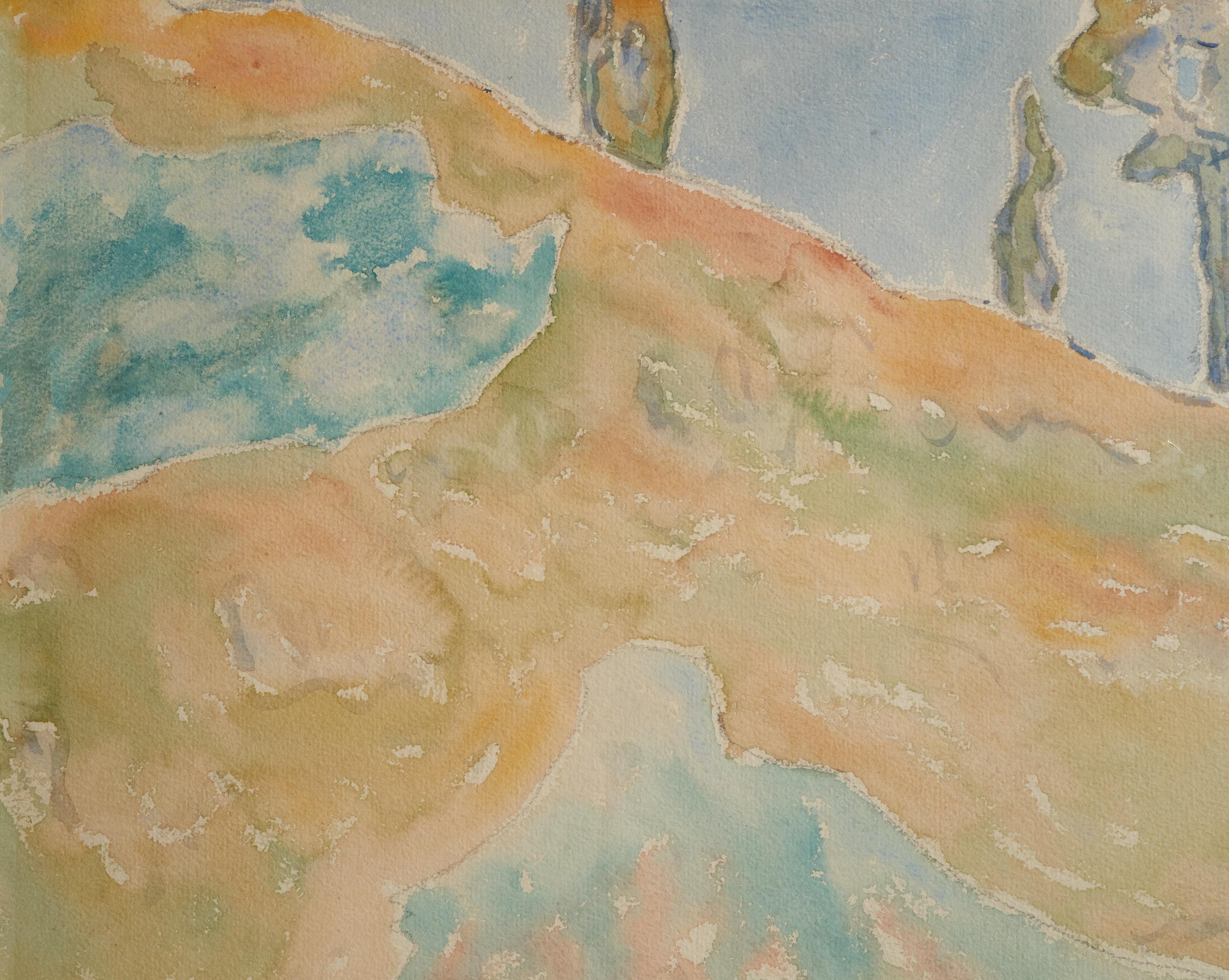 20th Century Signed Allen Tucker, 'Sunny Hillside with Trees at Crest'. Watercolor on Paper