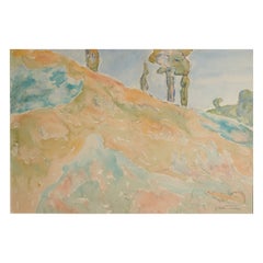 Firmato Allen Tucker, 'Collina soleggiata con alberi sulla cresta'. Acquerello su carta