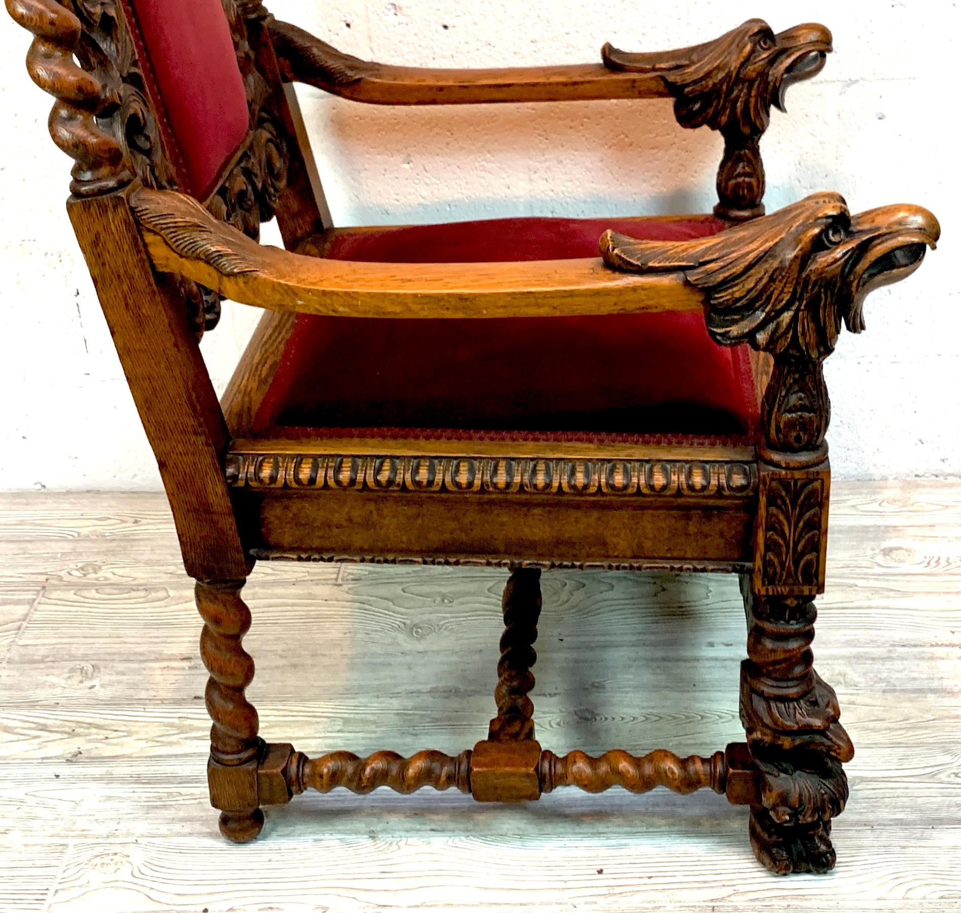 Upholstery Signed American Carved Oak Eagle Motif Throne Chair