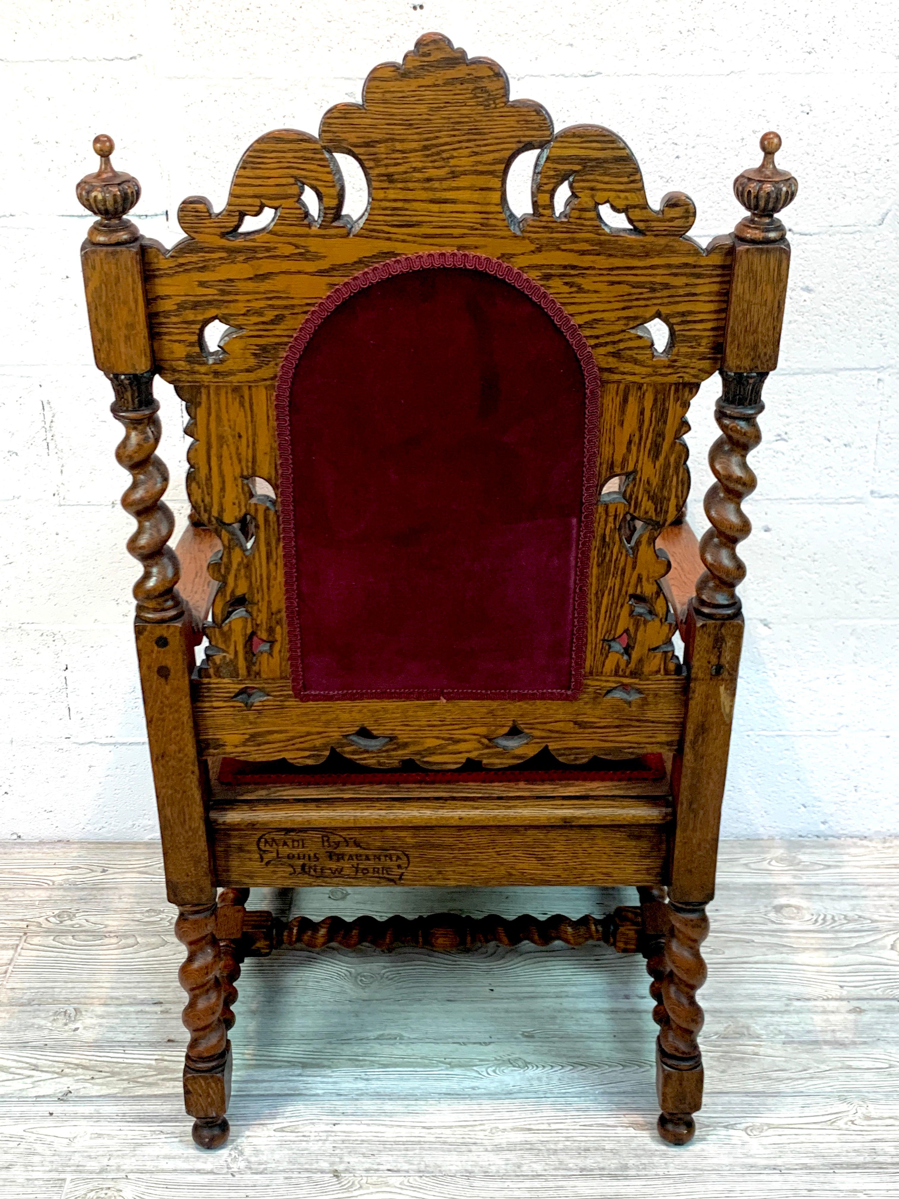 Signed American Carved Oak Eagle Motif Throne Chair 1